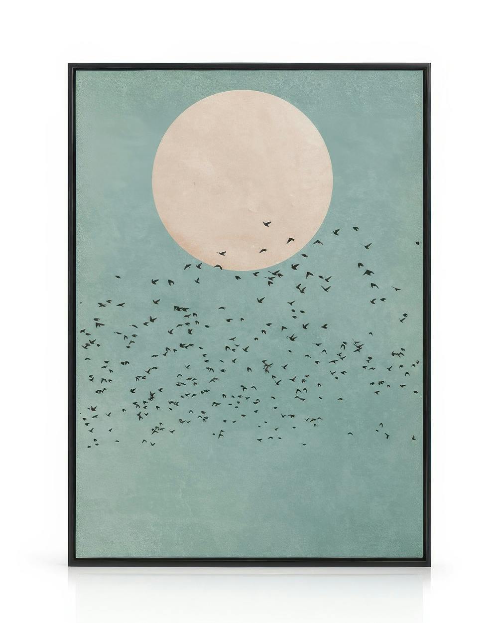Toile avec une silhouette oiseau représentant une volée doiseaux noirs volant devant un soleil rose sur un ciel bleu.