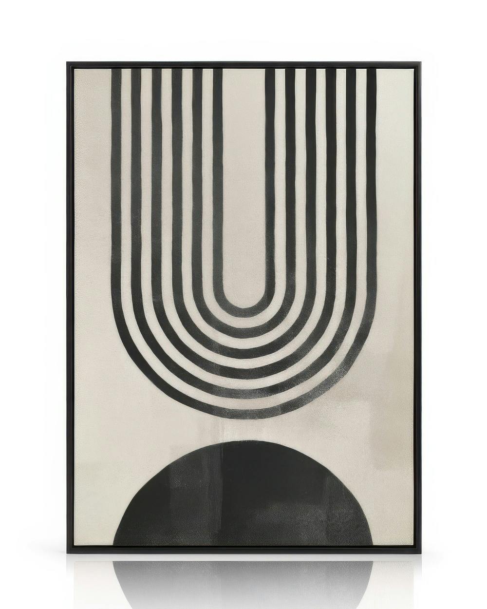 Toile avec arche abstraite en lignes noires et demi-cercle noir sur fond gris-beige, art abstrait géométrique courbes