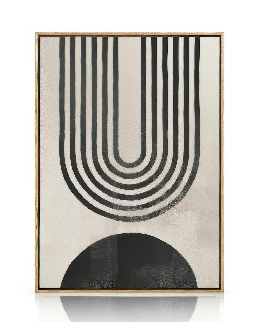 Toile abstraite avec arche formée de lignes noires et demi-cercle noir sur fond gris-beige, typographie moderne et rétro.