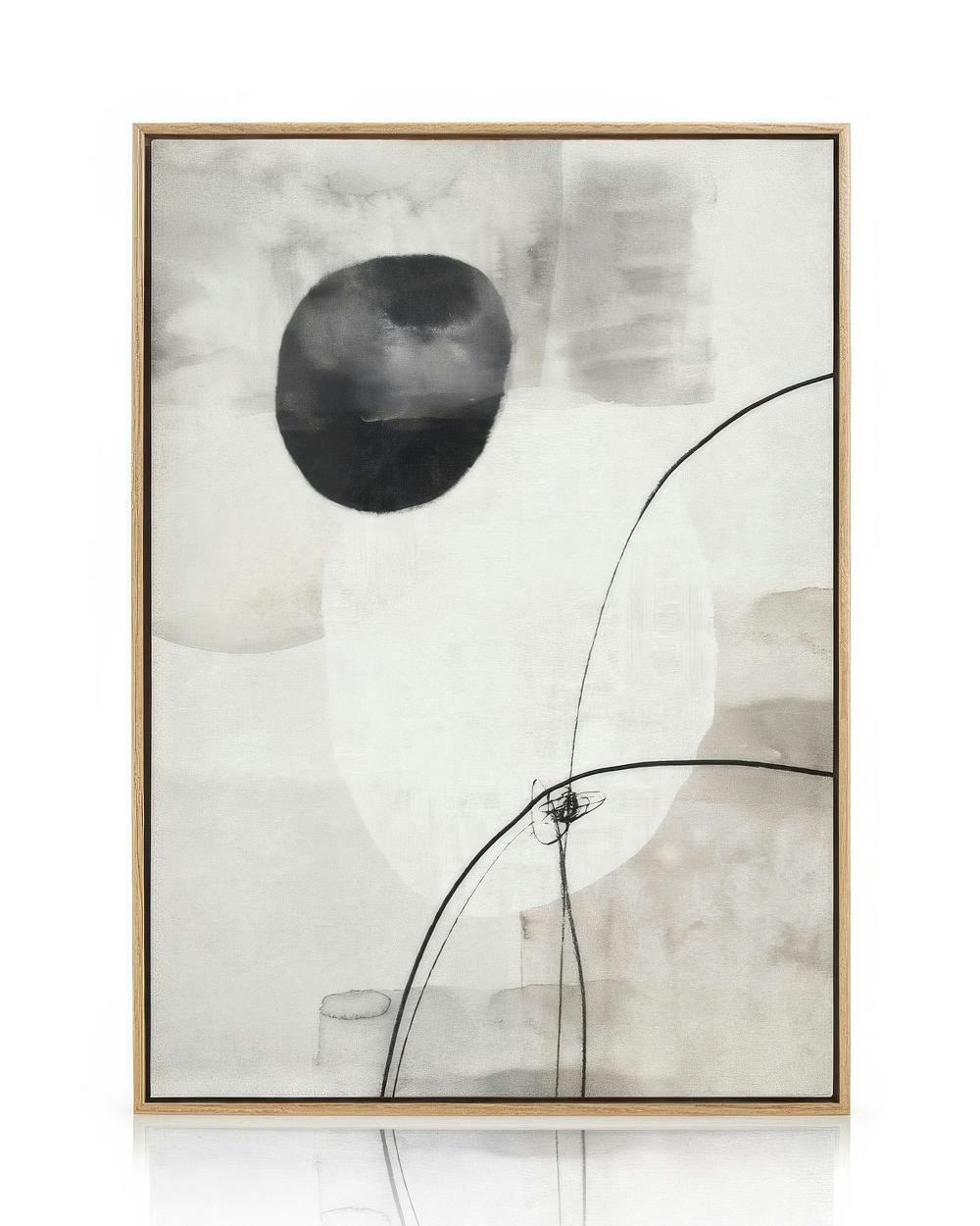 Toile minimaliste avec formes abstraites grises, blanches et noires, soulignée de lignes noires tourbillonnantes.
