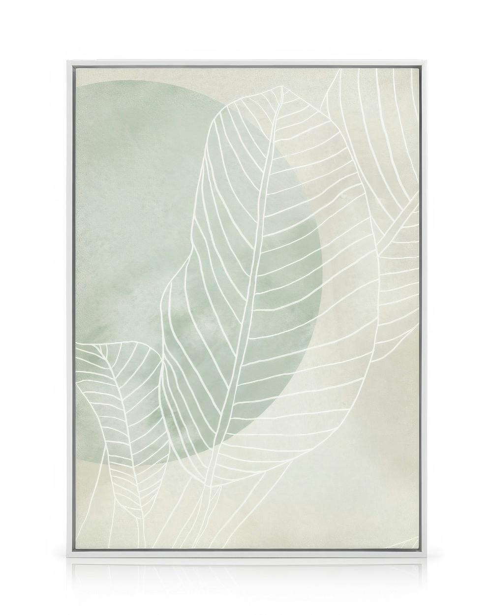 Toile Ficus apaisante, dessin au trait blanc de feuilles sur fond beige avec cercle vert clair