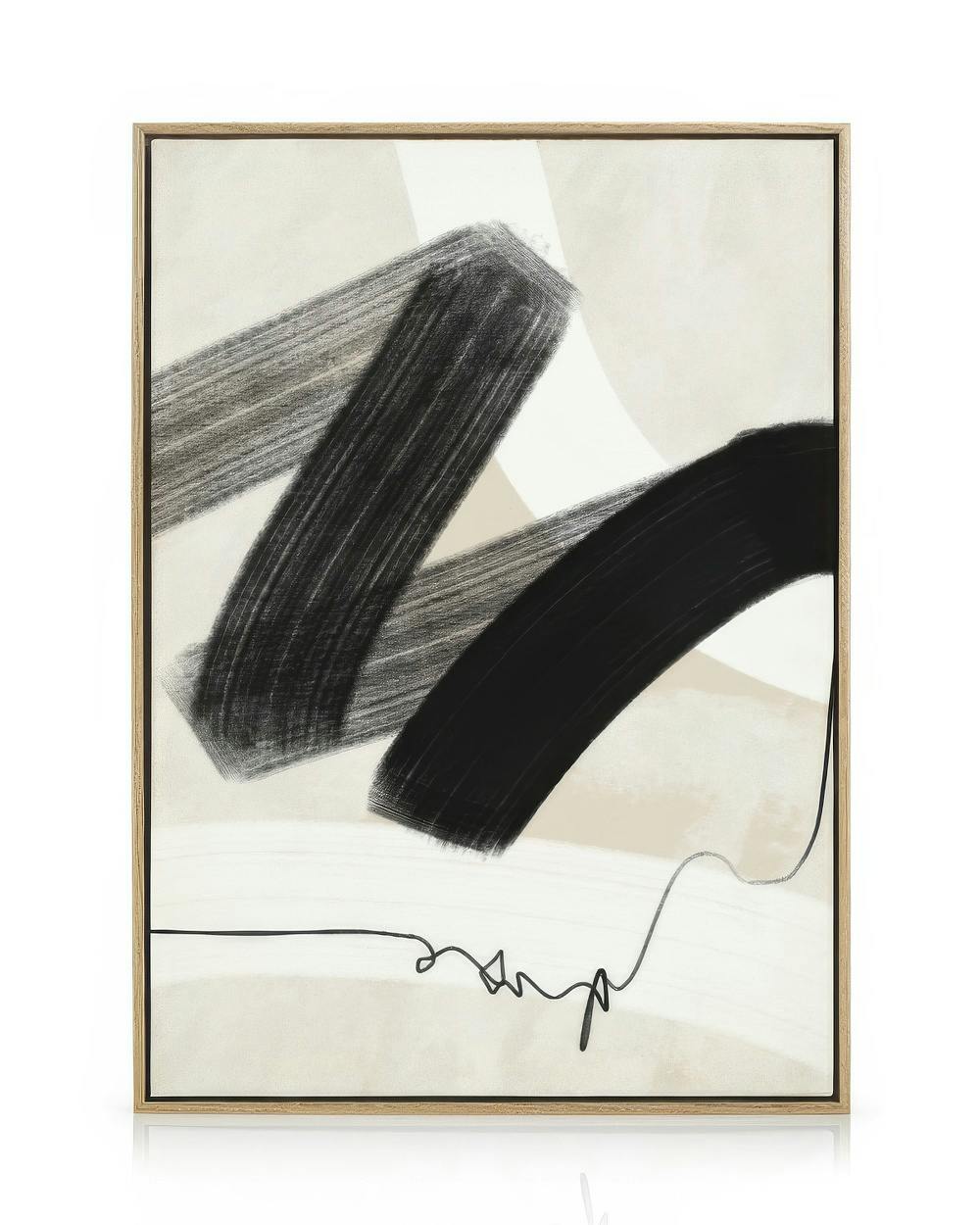 Toile abstraite avec des coups de pinceau noirs et une ligne ondulée sur un fond beige clair. Vague minimaliste.