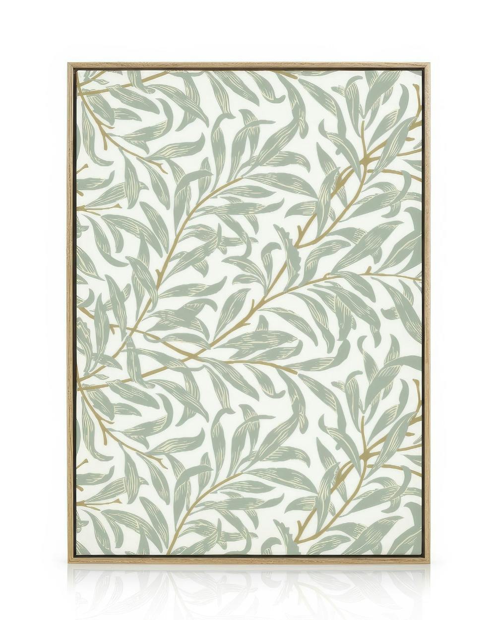 Toile William Morris avec motif de feuilles vertes et branches marron clair, nature design, texte