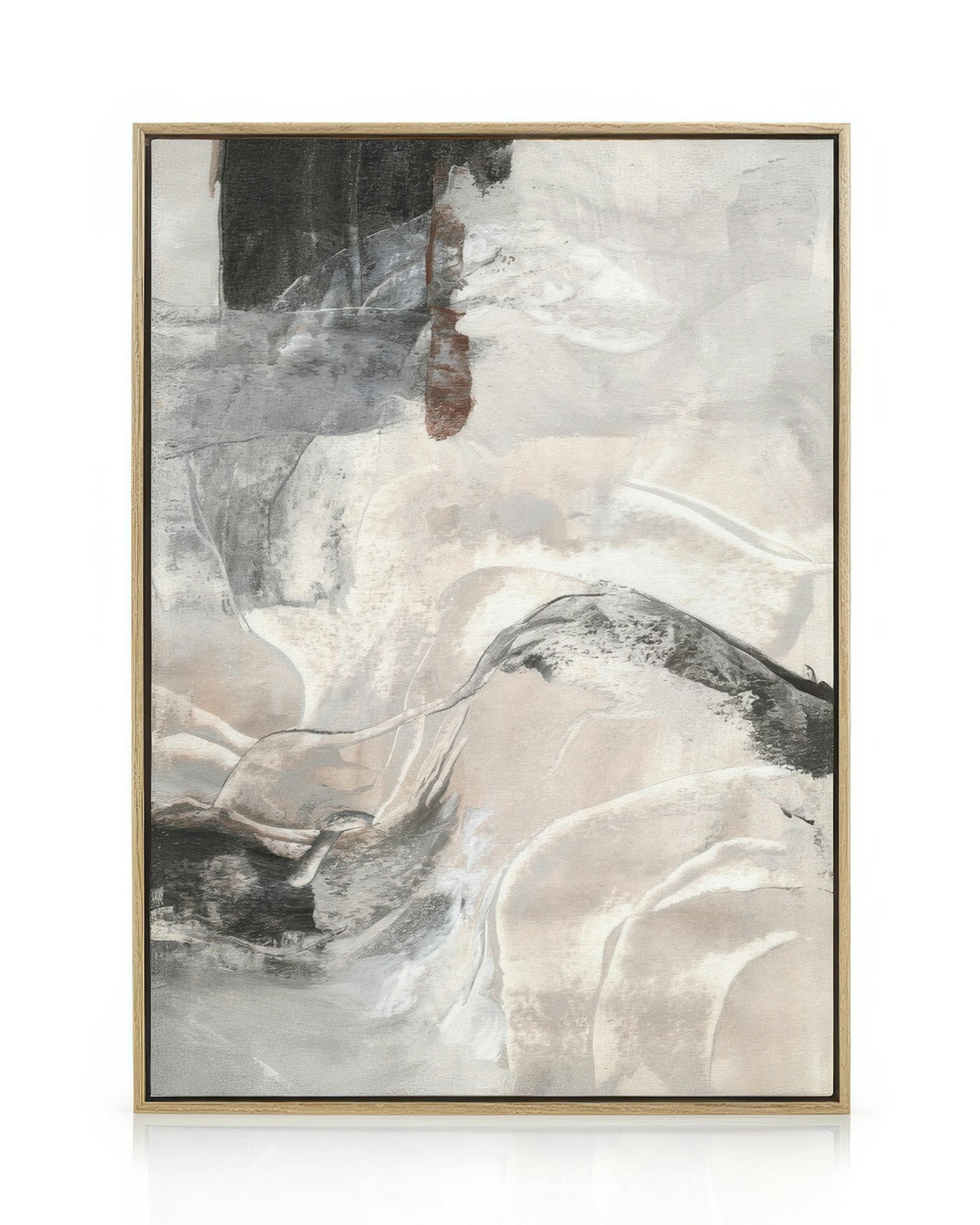 Pintura de tela abstrata com suaves tons de bege, cinzento, castanho e preto, emoldurada em carvalho.