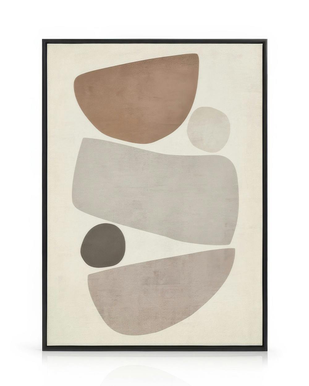 Toile abstraite avec formes organiques beiges et grises sur fond clair, style moderne