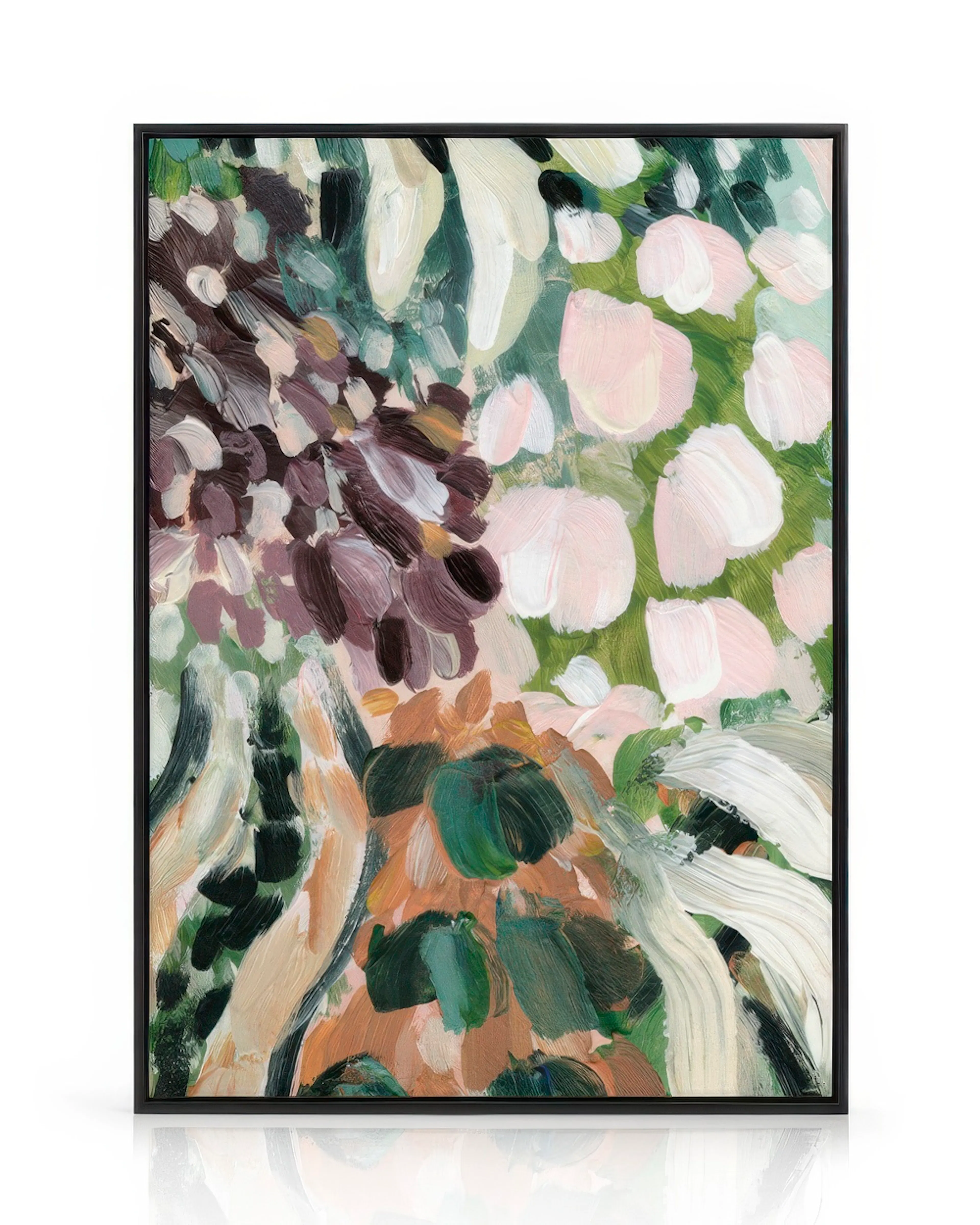 Handgemaltes Leinwandbild mit bunten Blumen auf blauem, grünem und braunem Hintergrund. Blumenmalerei.