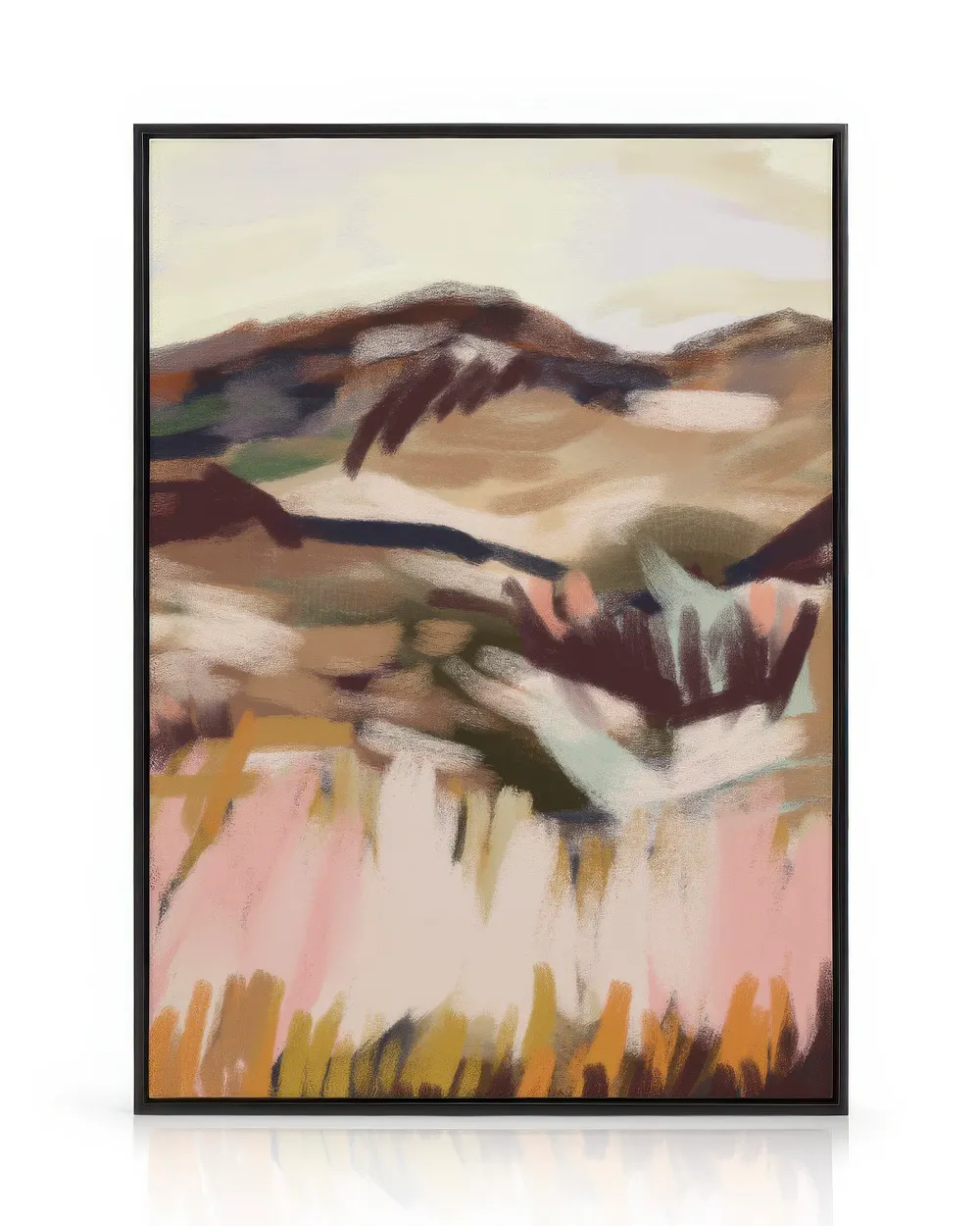 Pintura abstrata de paisagem francesa em tons de castanho, bege e rosa, com montanhas e relva em primeiro plano.