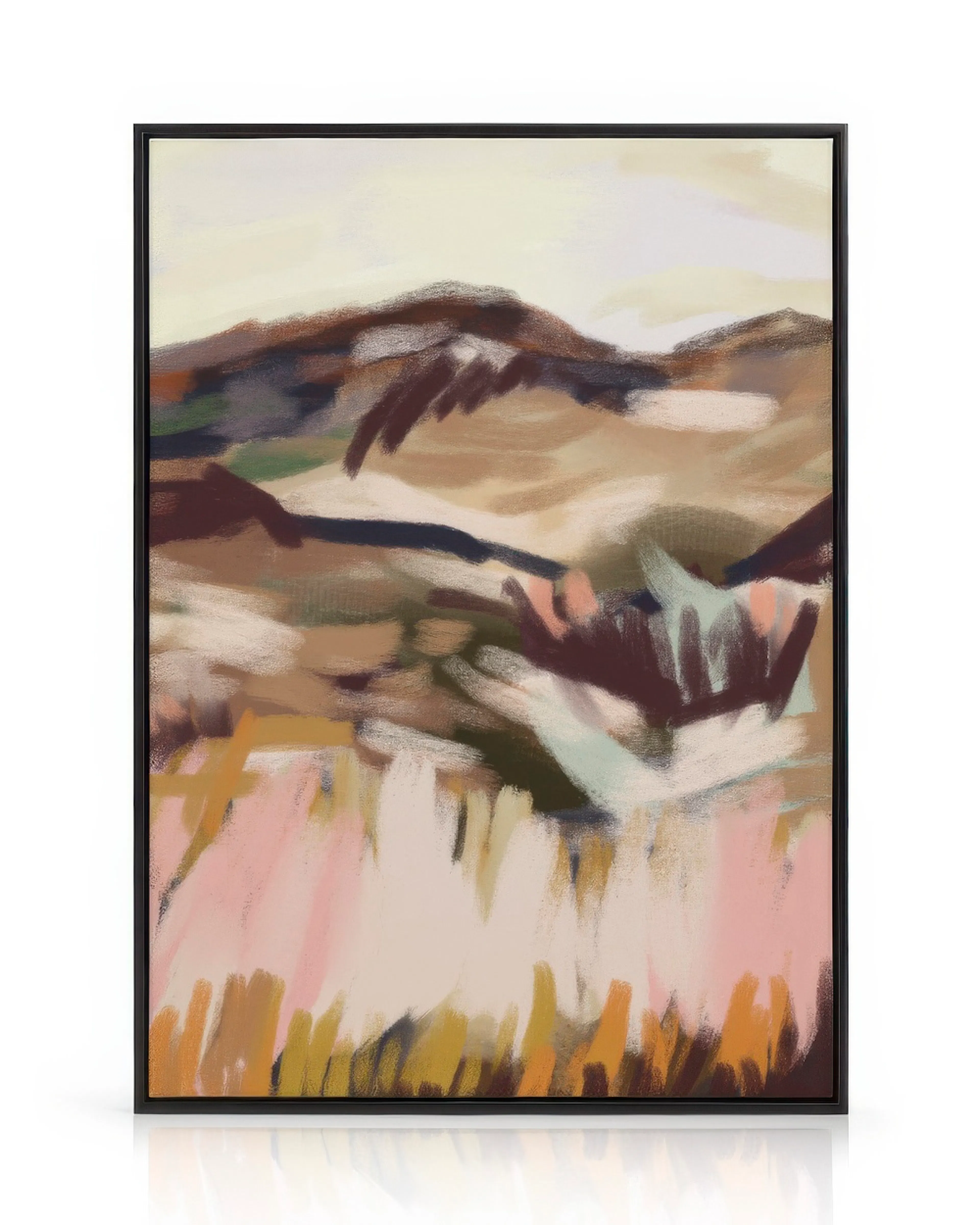 Pintura abstrata de paisagem francesa em tons de castanho, bege e rosa, com montanhas e relva em primeiro plano.