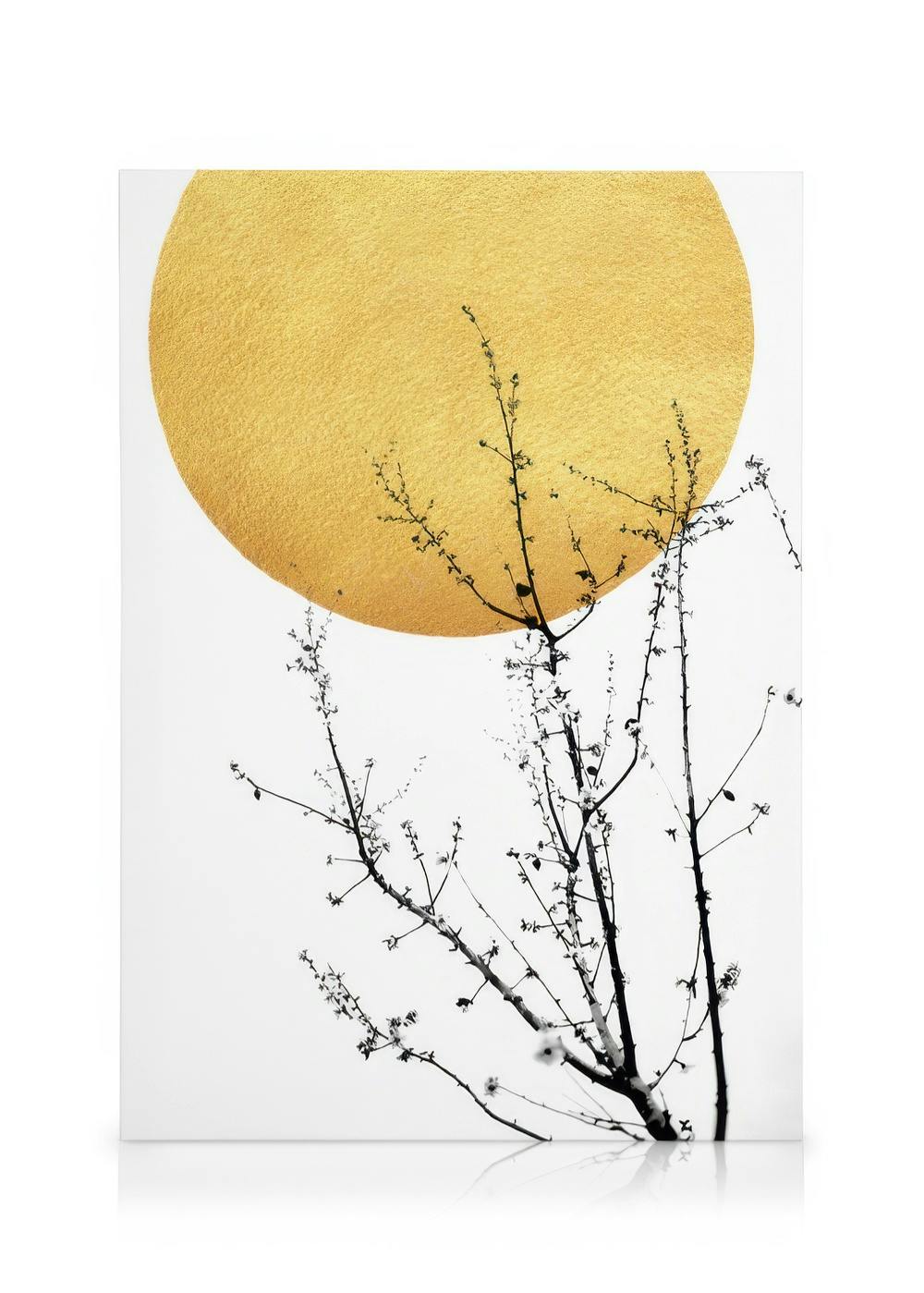 Boris Draschoff’s Sunshine of My Life canvas print: A large, textured gold sun rises behind silhouetted black branches.