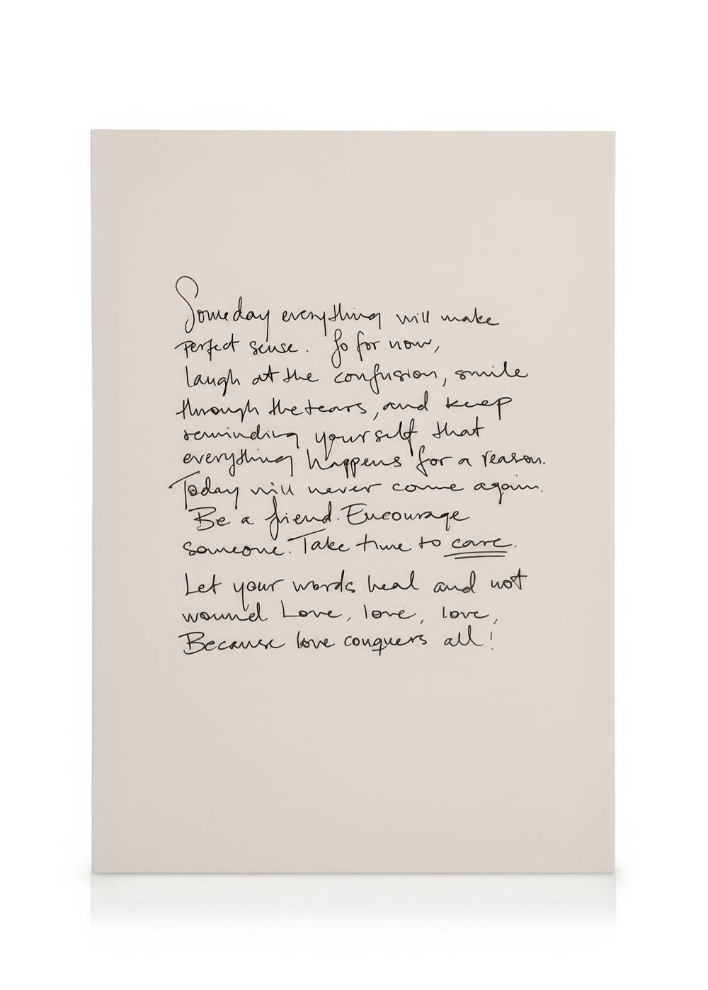 Beige canvas print with black handwritten text about love, friendship, and encouragement, an uplifting message.