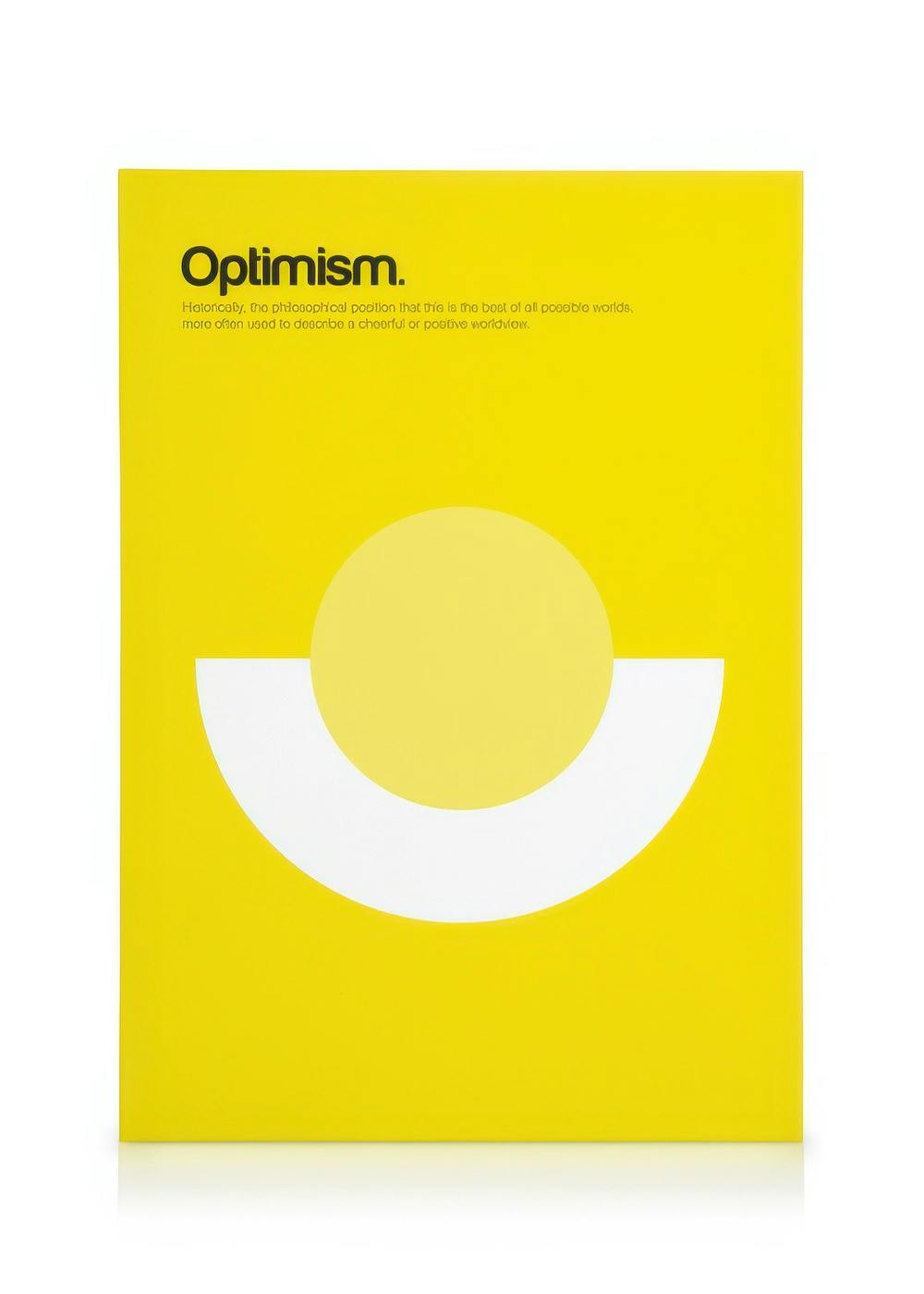 Leinwandbild mit gelbem Hintergrund, weißem Halbkreis, gelbem Kreis und dem Wort Optimism.