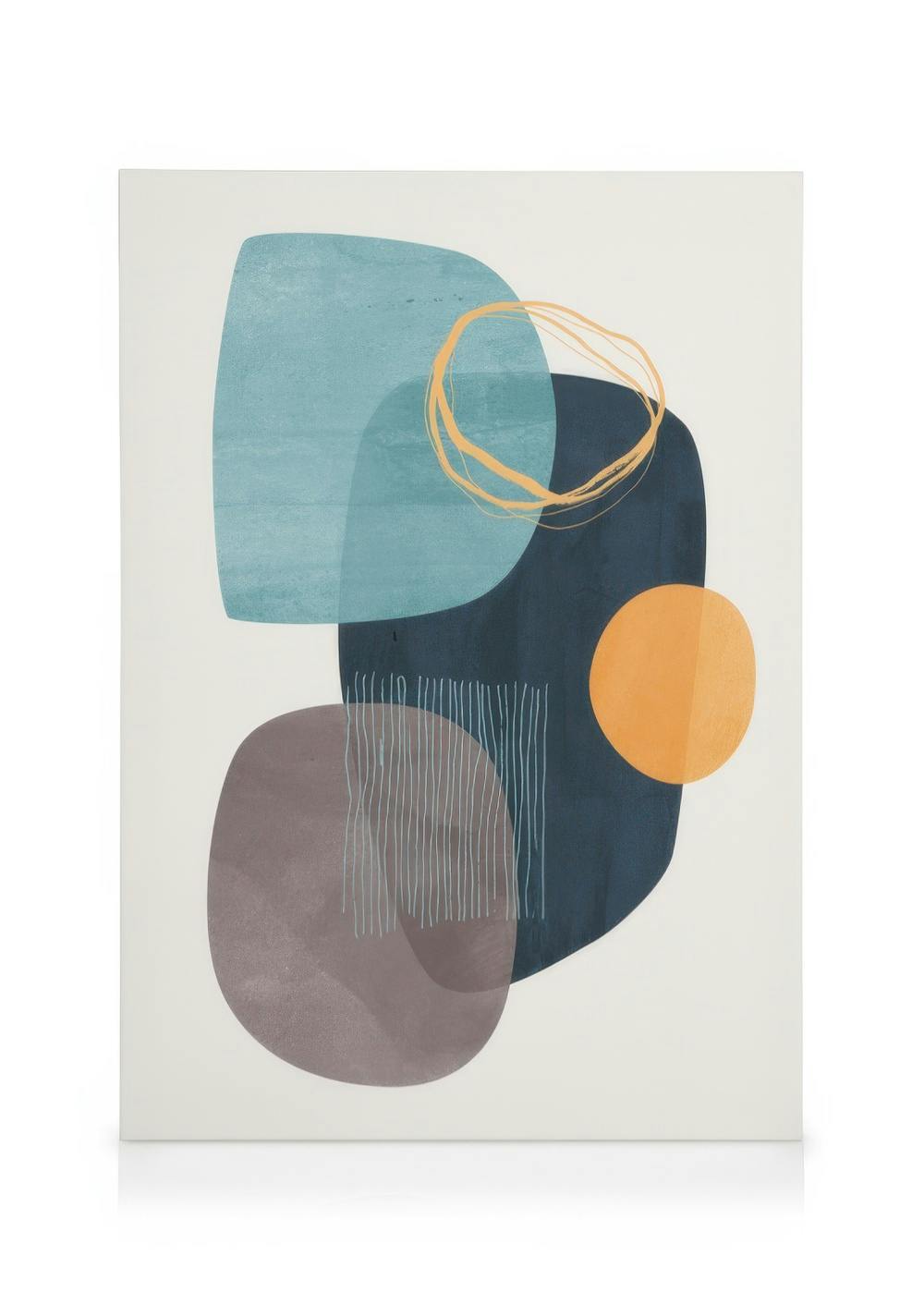 Tela Cyra abstrata com formas sobrepostas azul, bege, laranja e amarelo sobre fundo branco, estilo moderno.