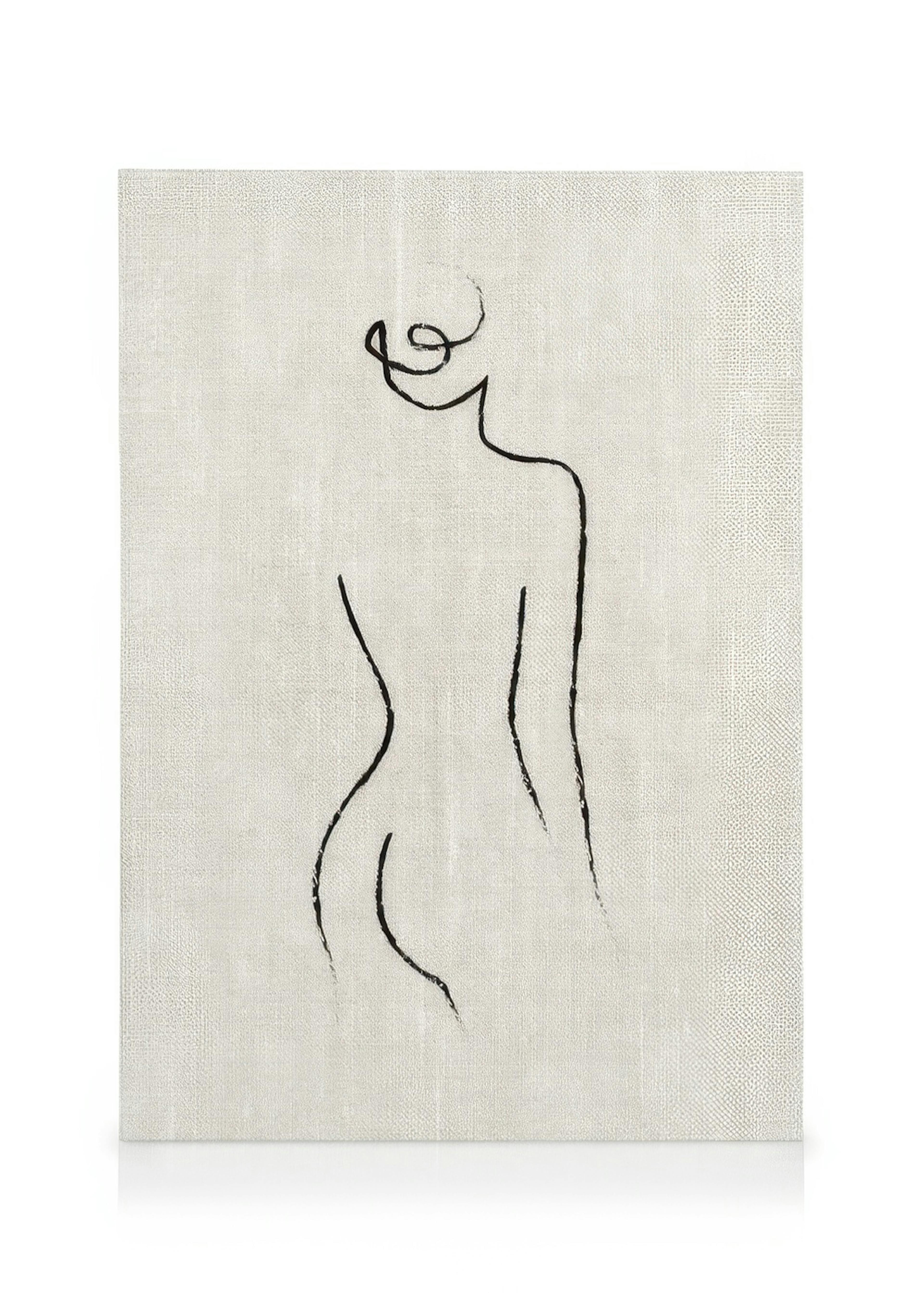 Leinwandbild mit minimalistischer weiblicher Figur in schwarzer Linie, aufgehängt in einem hellen Wohnzimmer im modernen Stil.