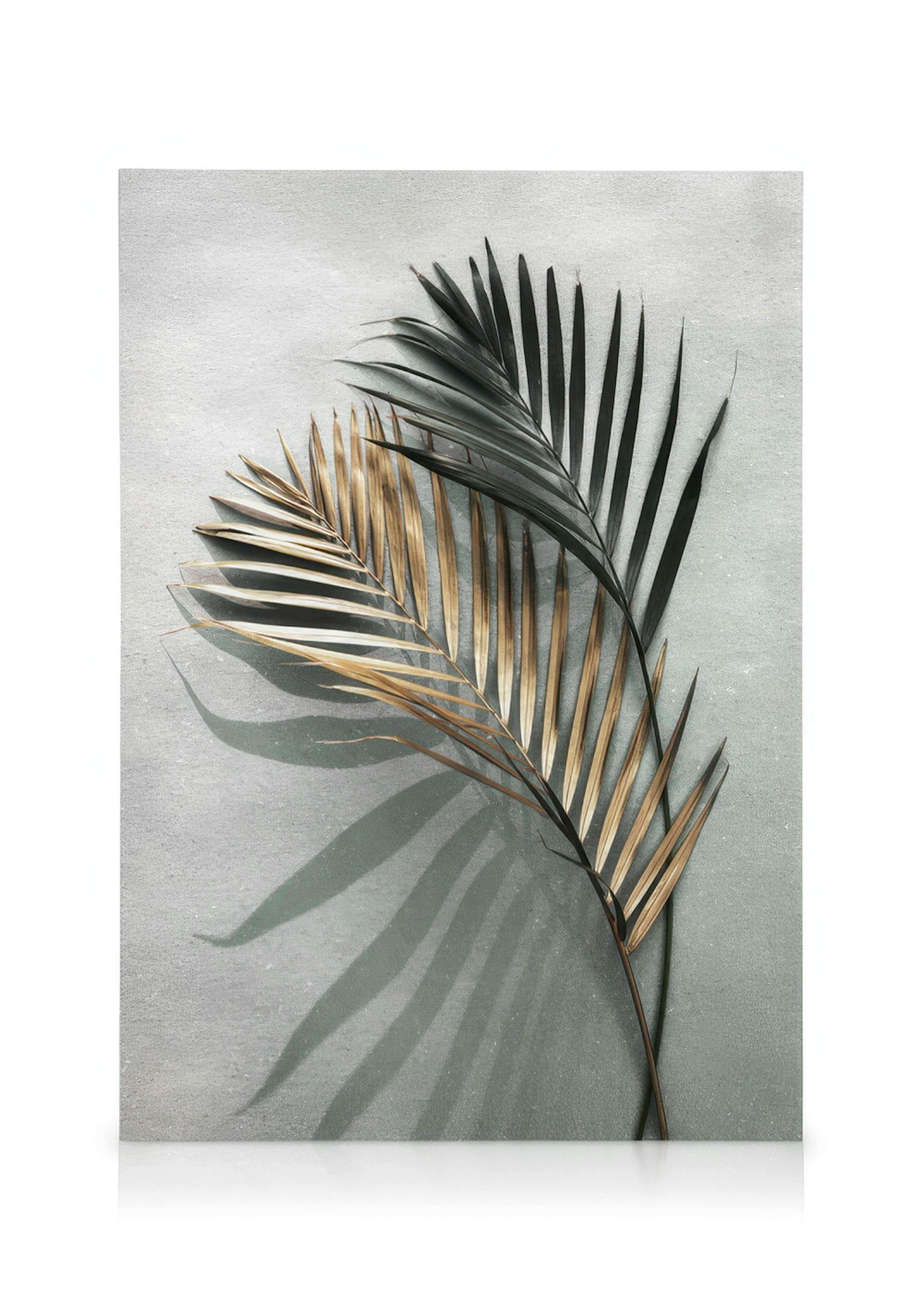 Lærred med gyldne og mørke palmeblade, der kaster lange, mørke skygger på en grågrøn baggrund.