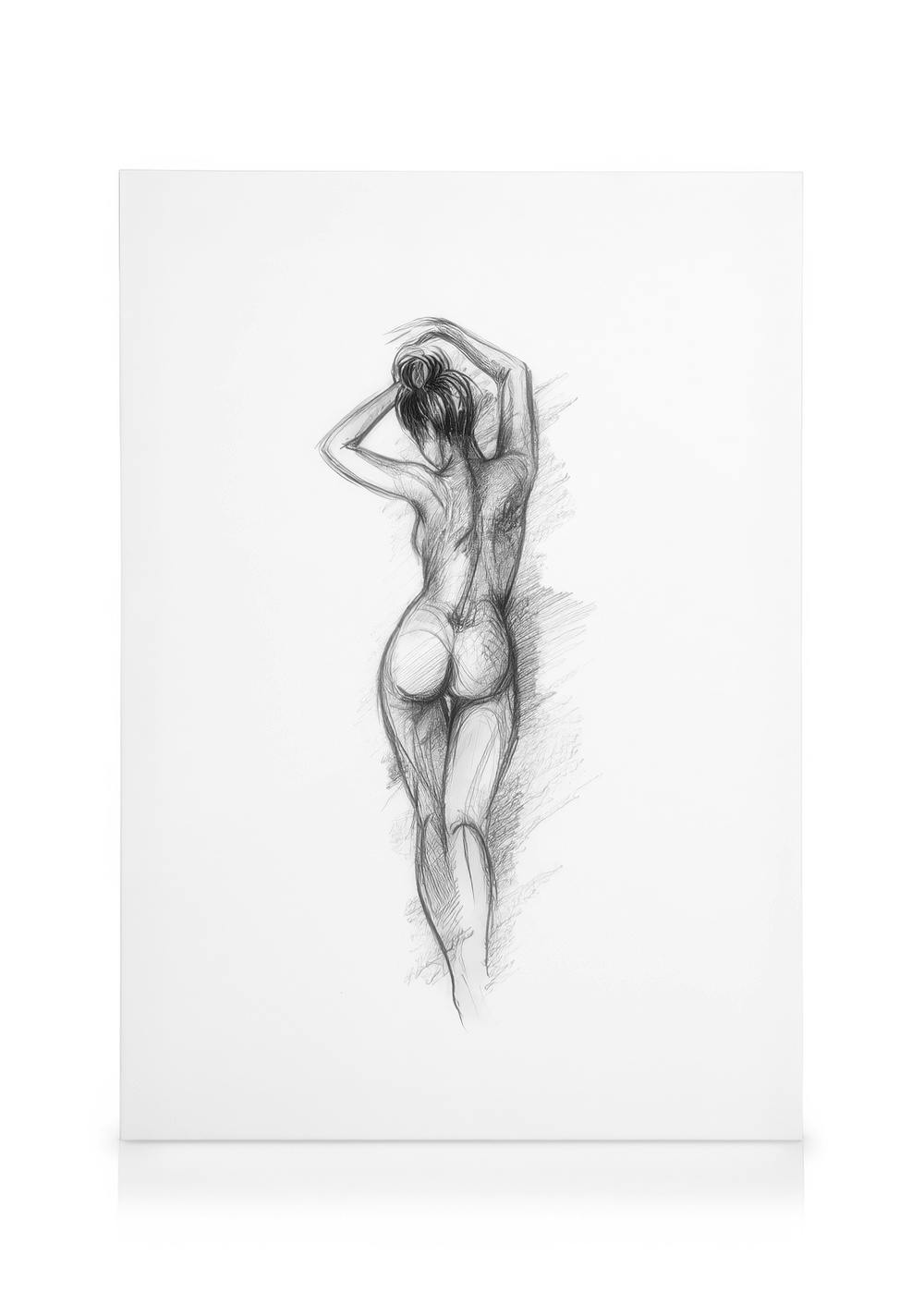 Σχέδιο γυμνής γυναίκας από πίσω, με χέρια πάνω από το κεφάλι, σε καμβά, σκίτσο μολυβιού