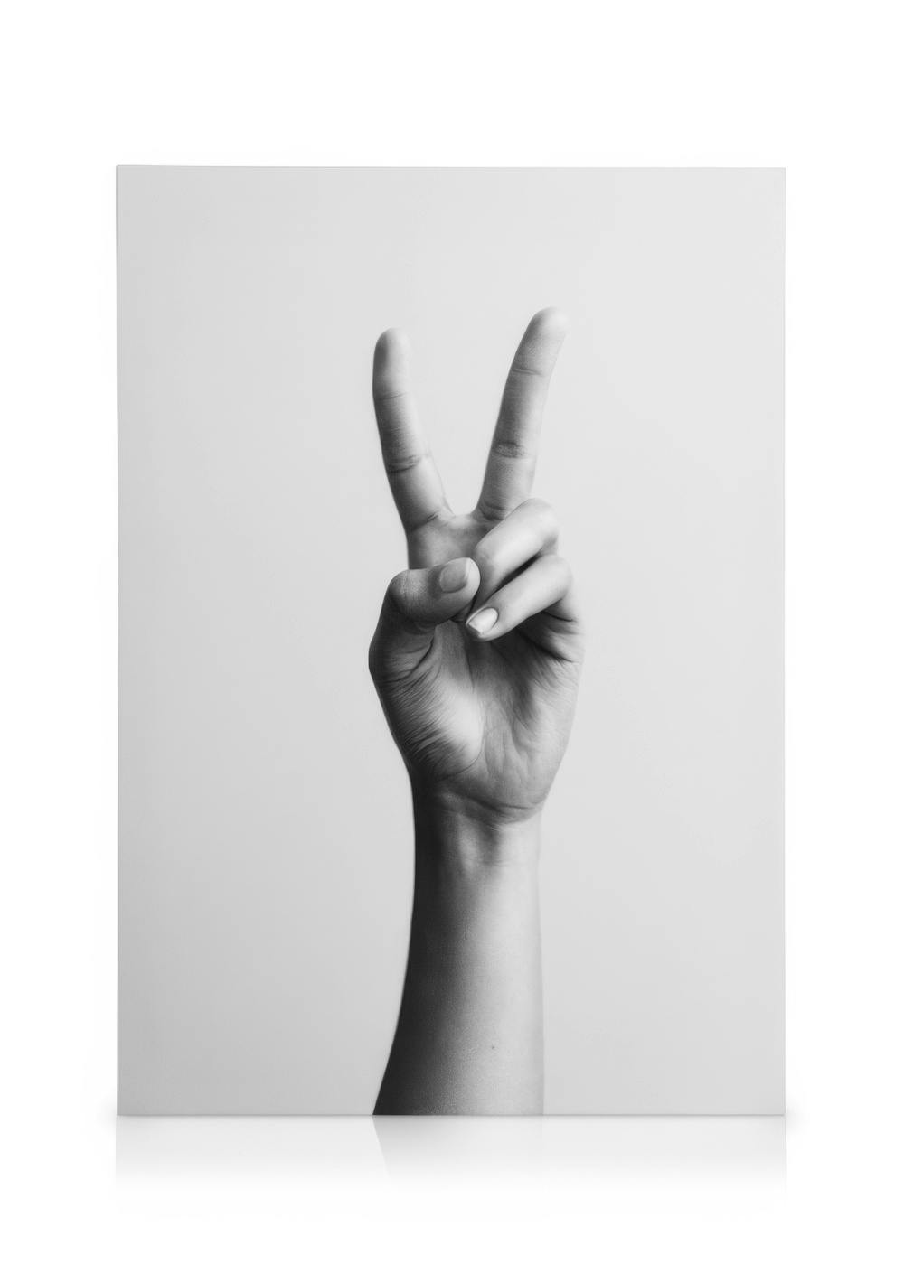 Black and white peace sign hand gesture photo on canvas print, wrist bent with two fingers up.