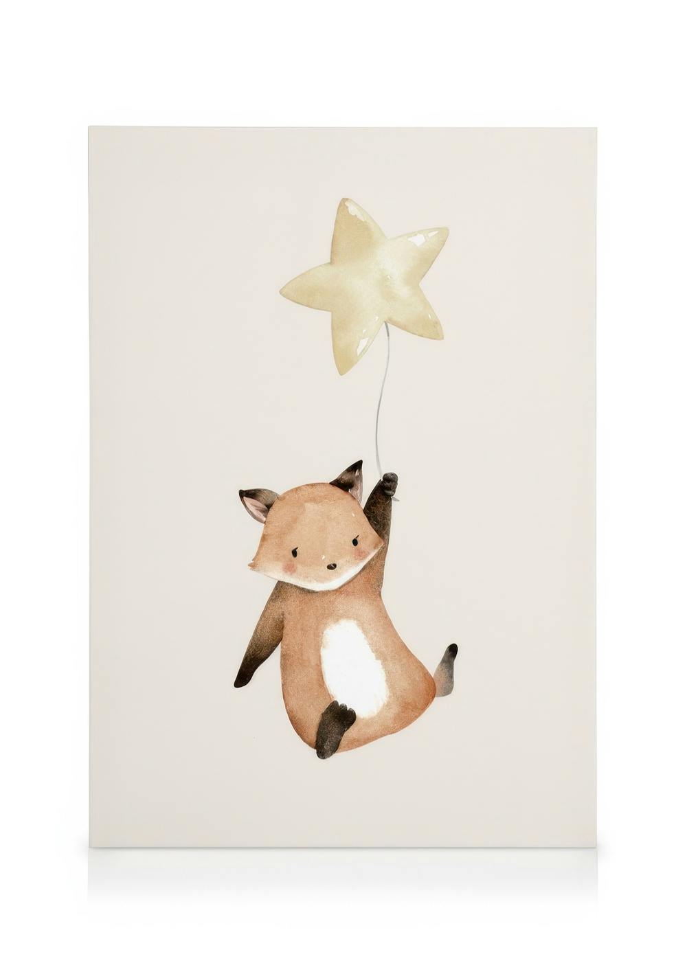 Watercolor illustration of a flying fox holding onto a golden star on a light background, nursery animal art.