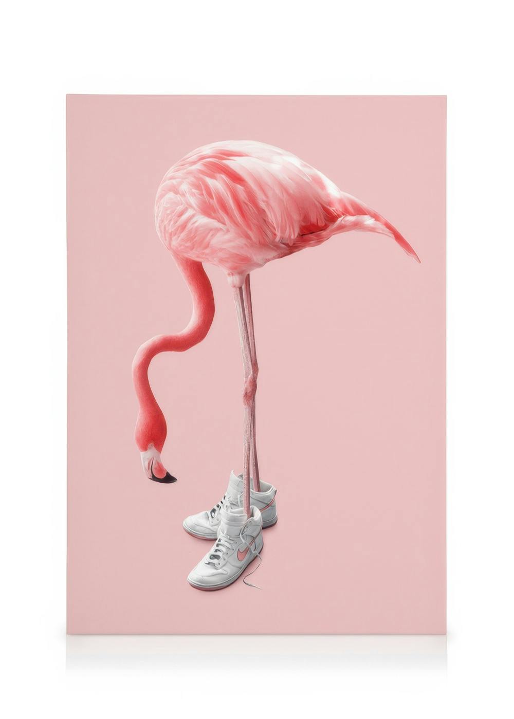 Pink flamingo with long legs wearing white high-top sneakers on a solid pink background, modern art style.