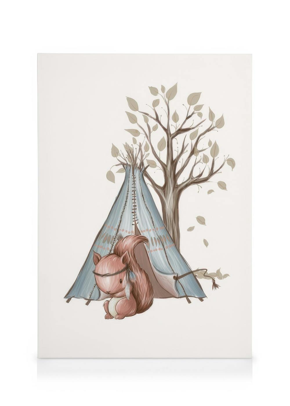 Schilderij van blauwe tipi met bruine boom, groene bladeren en eekhoorn, kinderkamer kunst.