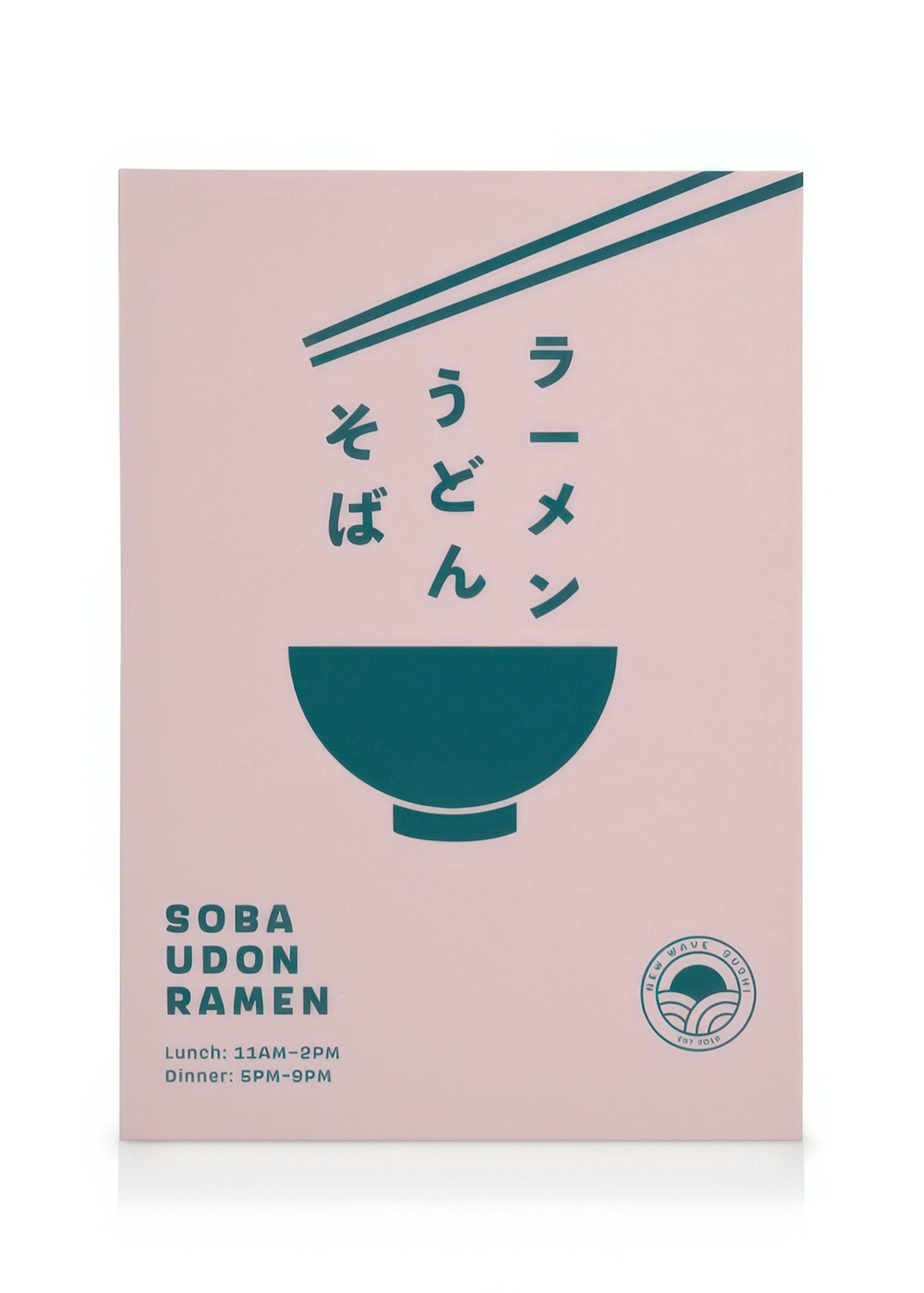 Noodles canvas print with Japanese text Soba Udon Ramen in teal on vibrant pink. Features a bowl, chopsticks, and wave logo.
