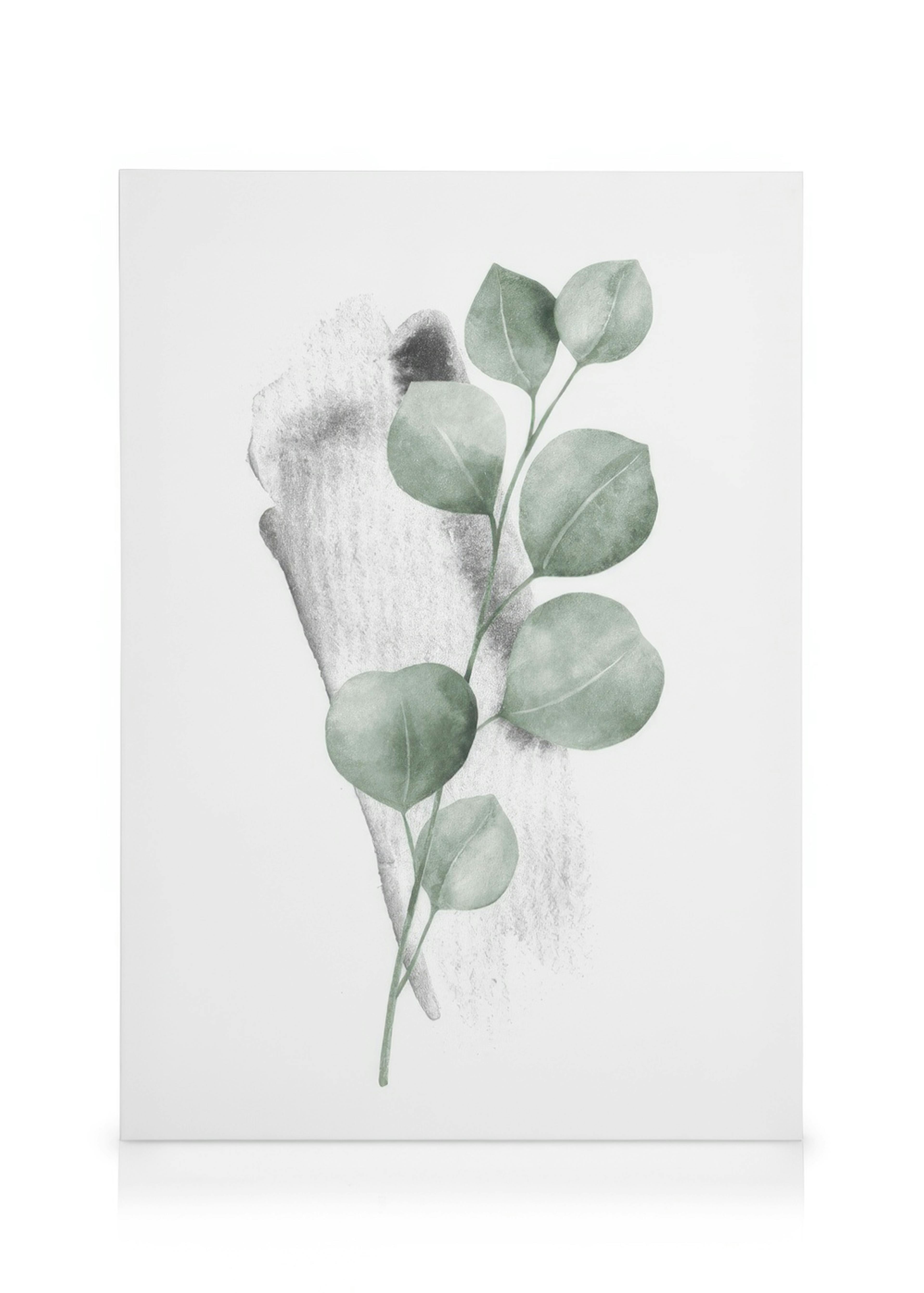 Aquarell Leinwandbild mit Eukalyptusblättern in Salbeigrün auf dunklem, abstraktem Hintergrund