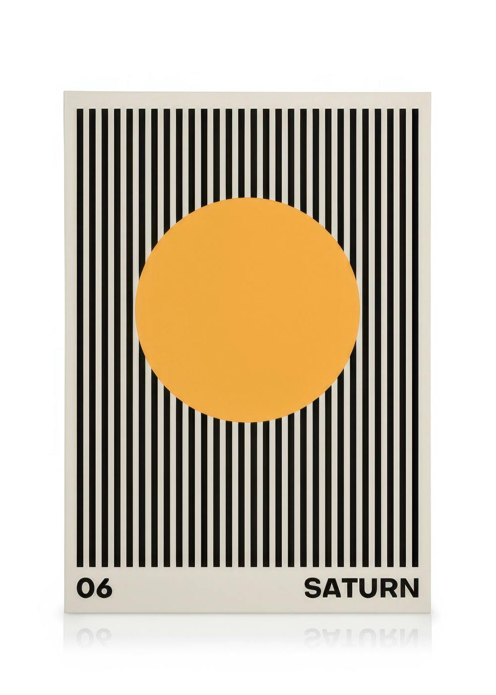 Saturn Space Leinwandbild: abstraktes orangefarbenes Saturn-Motiv auf vertikalen schwarz-weißen Streifen, minimalistisches Weltr