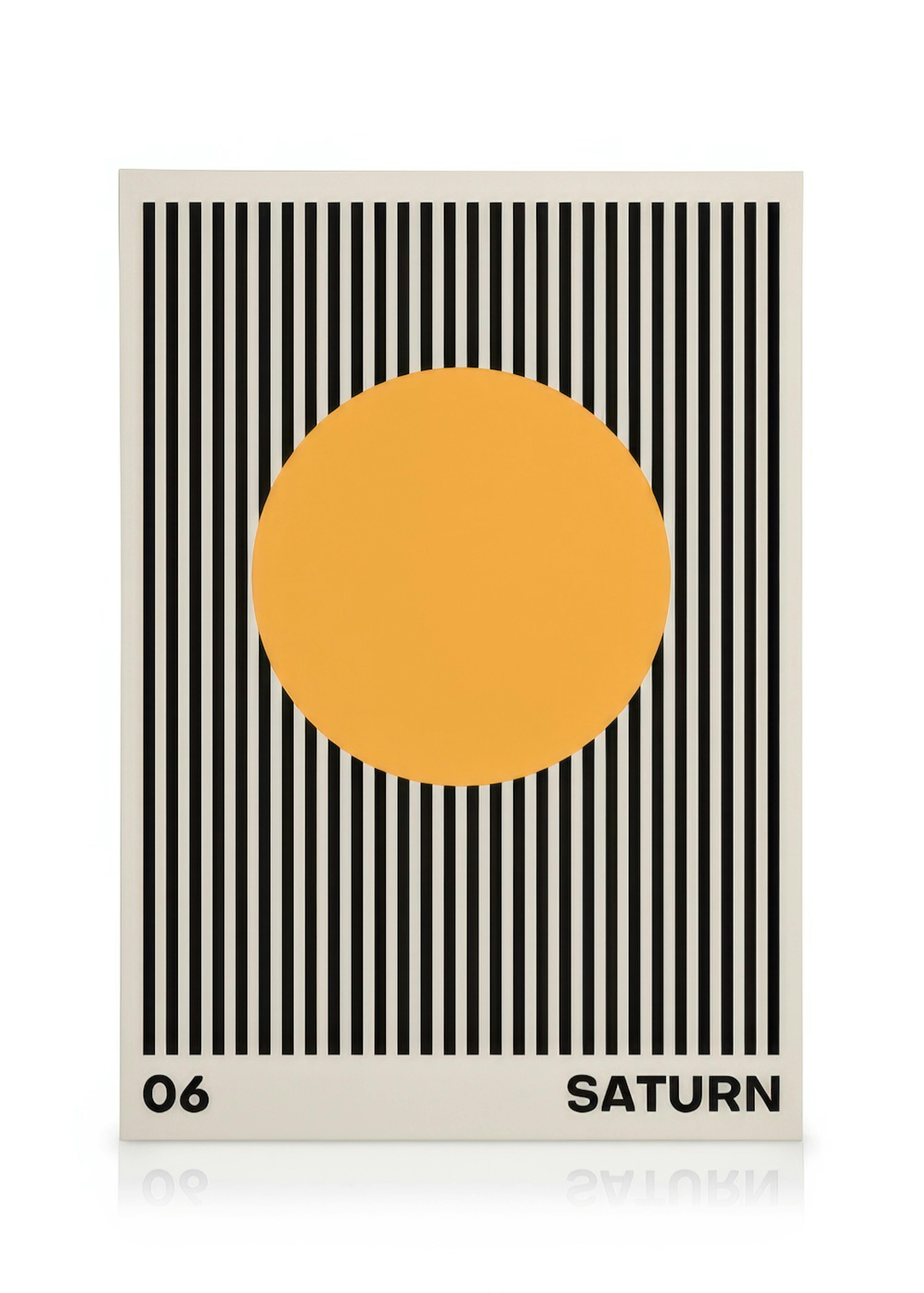 Saturn space canvas print with an orange circle on a black and white striped background, featuring Saturn and 06.