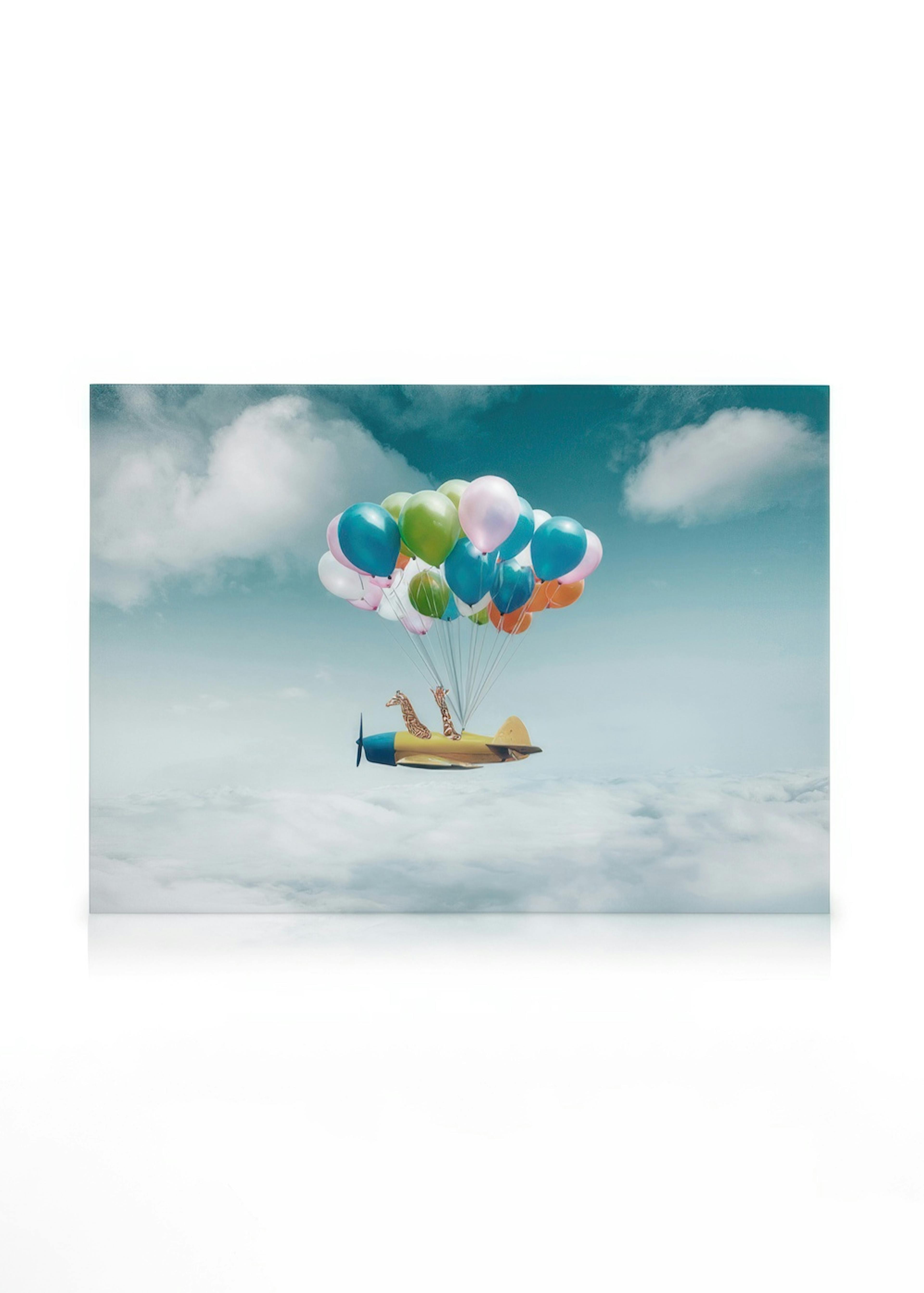 Whimsical airplane with giraffes flying through clouds, held aloft by colourful balloons on a canvas print.