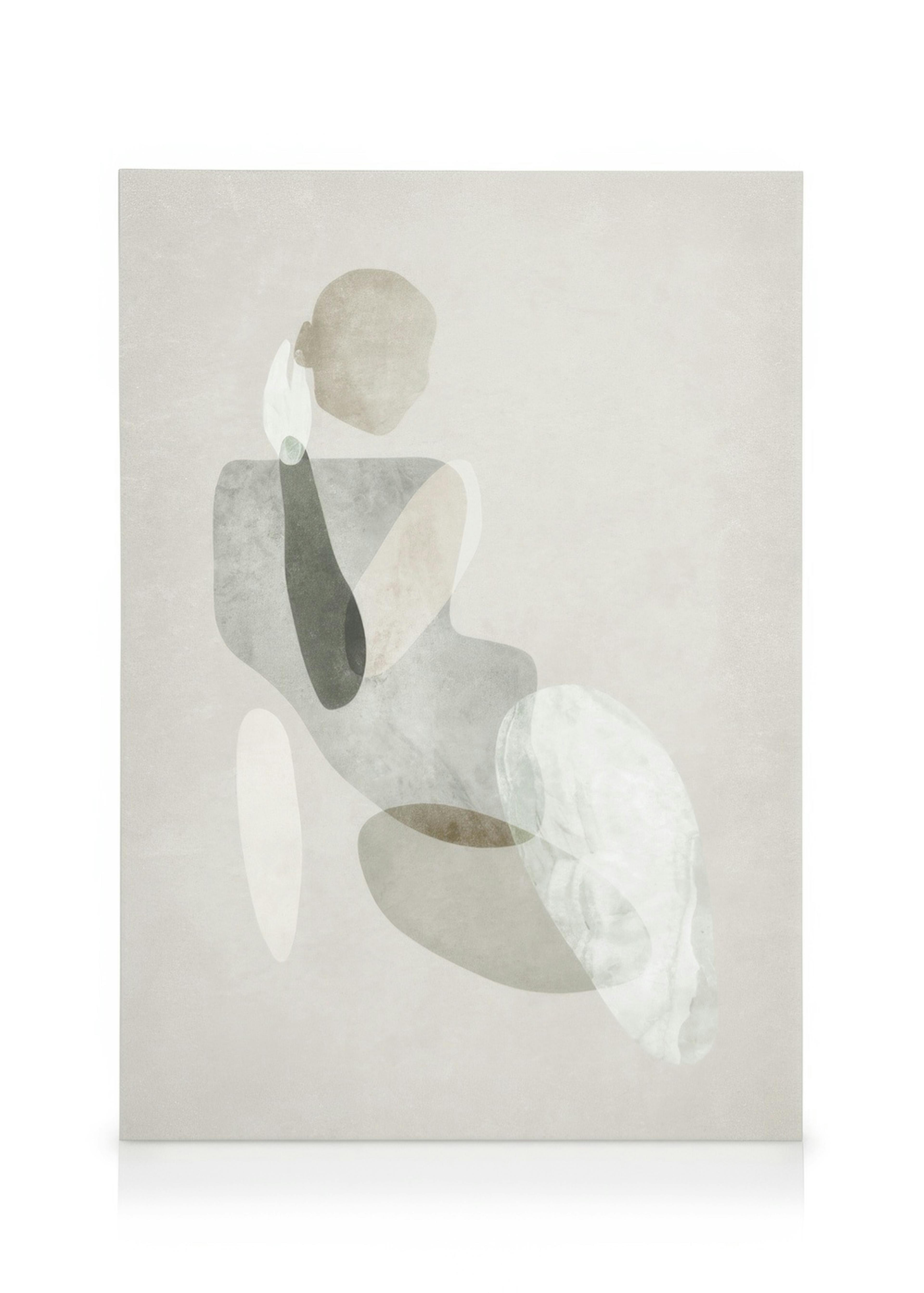 Abstract canvas print of a subtle female form in soft grey, white, and beige tones for modern home decor.