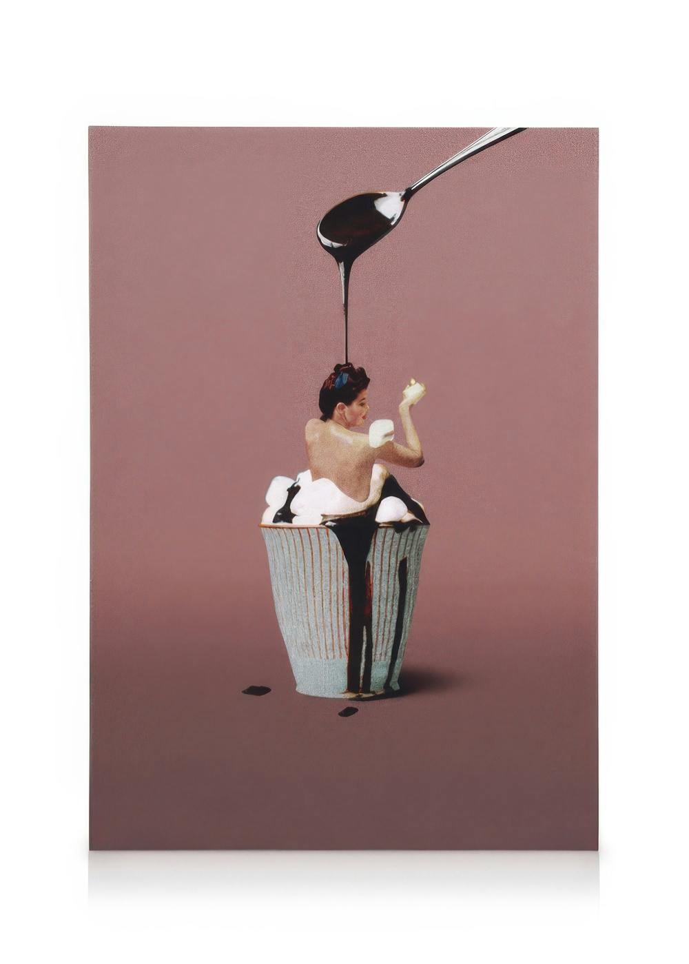 Surrealist canvas print of a woman bathing in a cupcake with chocolate dripping from a spoon, an artistic and sweet design.