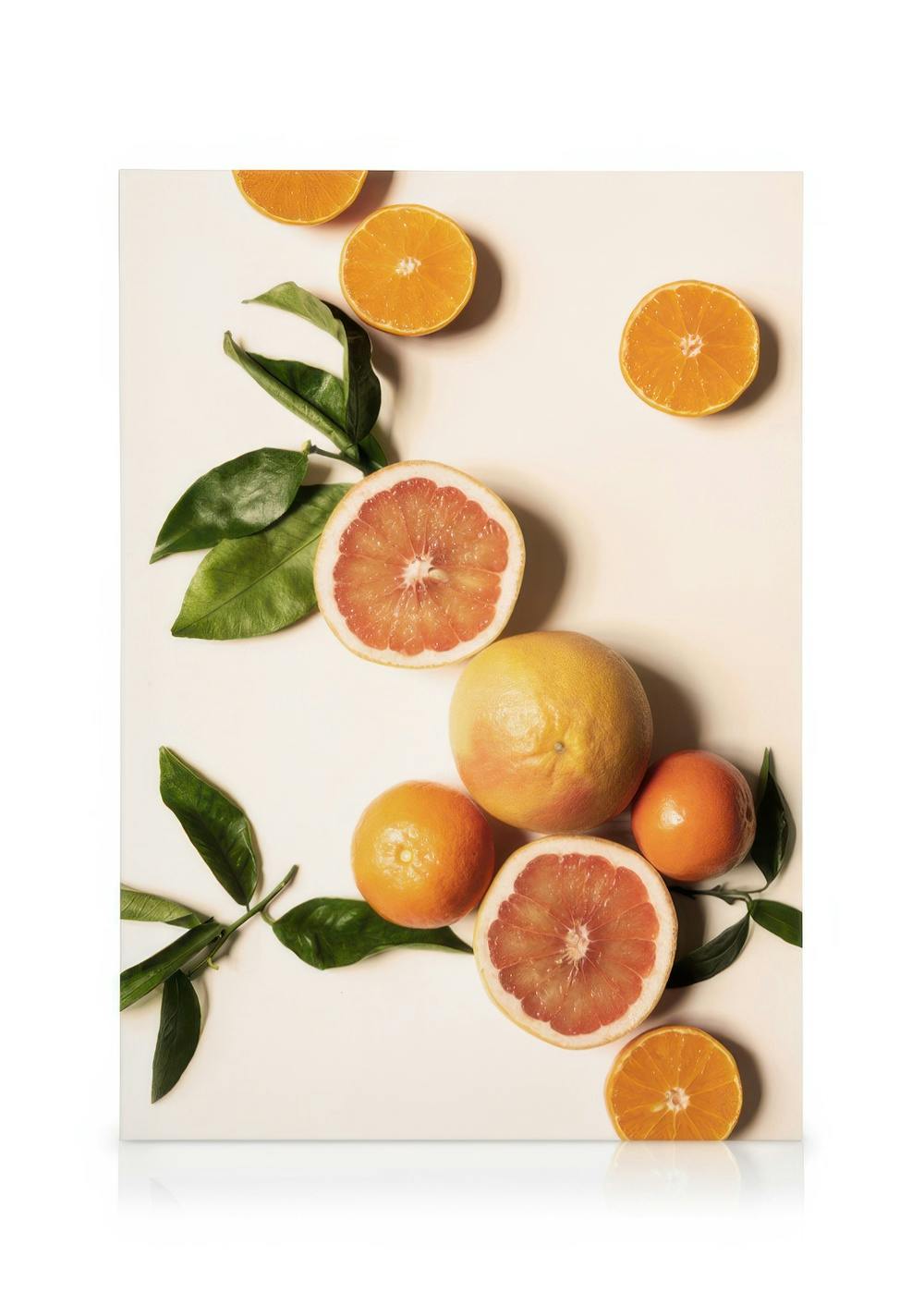 Stampa su tela con agrumi e pompelmi tagliati, foglie verdi su sfondo bianco. Arte da parete per cucina.