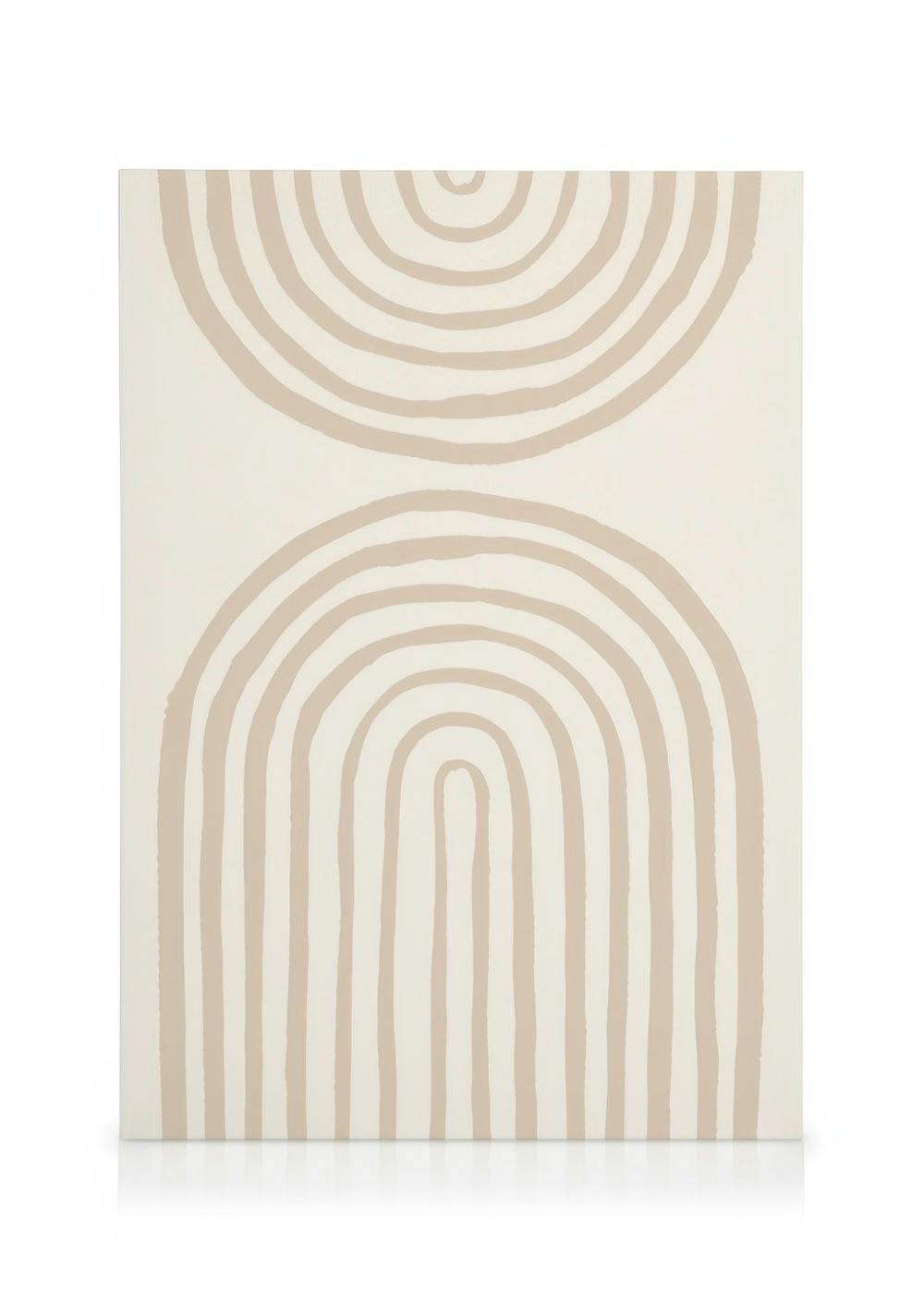 Lærred med grafisk illustration af malede beige buer på lys baggrund, moderne vægkunst.