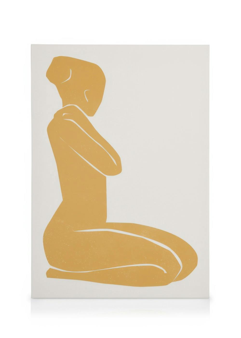Leinwandbild: sitzende weibliche Figur in Cadmiumgelb, minimalistischer Stil, Konturen in Weiß