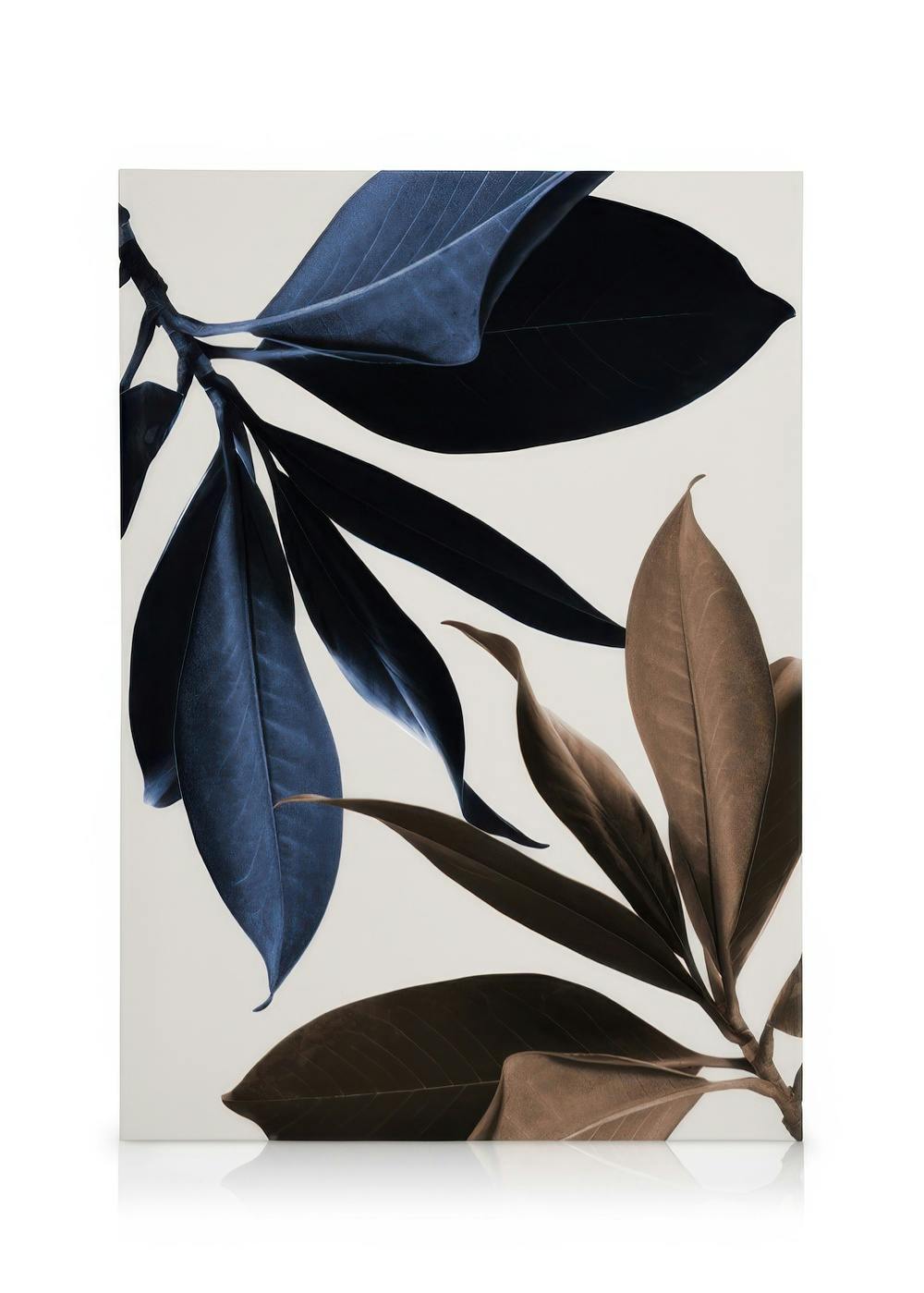 Lærred med blå og brune magnoliablade på en lys baggrund, et elegant botanisk motiv.
