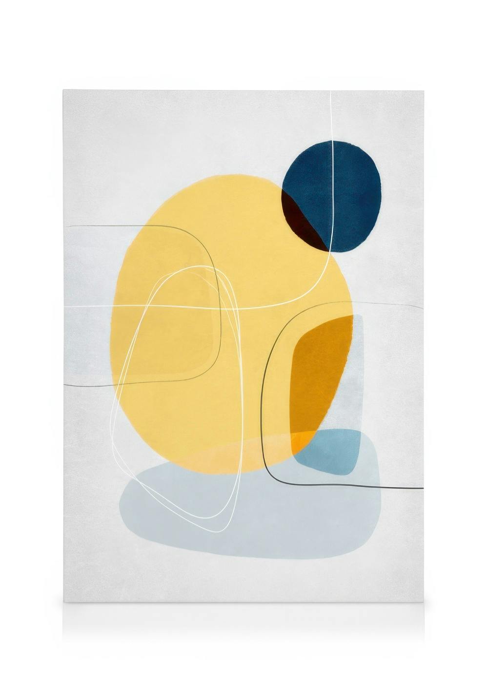 Contemporary abstract canvas print with yellow and dark blue circles, orange, light blue, and grey shapes on a white background.