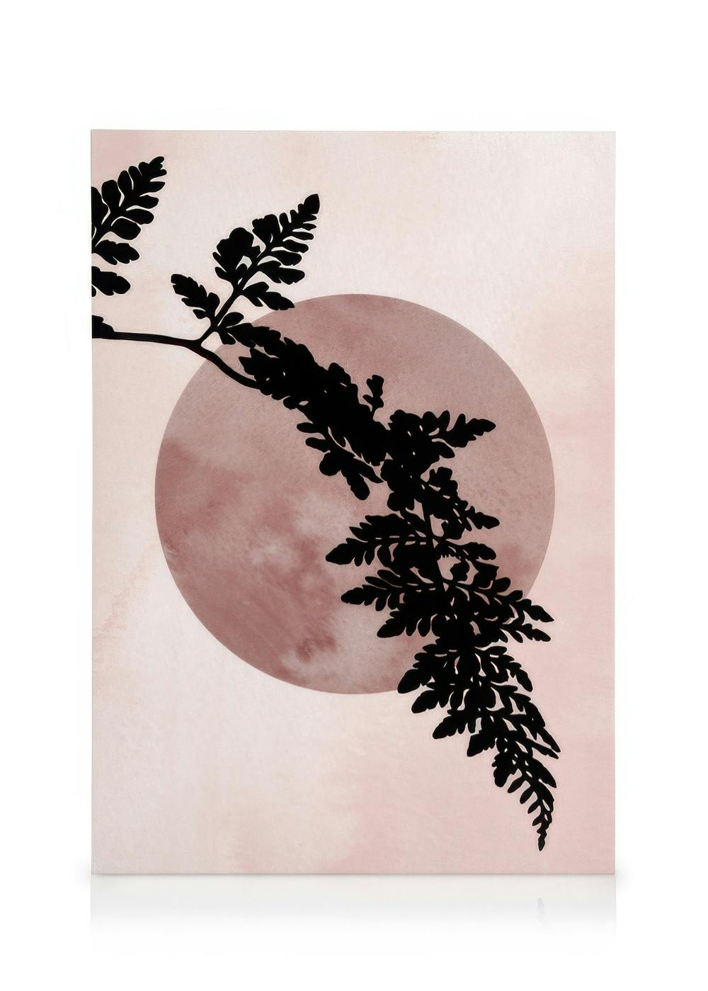 Black fern branch silhouette on a pale pink background with a large, faded pink circle, botanical canvas print.