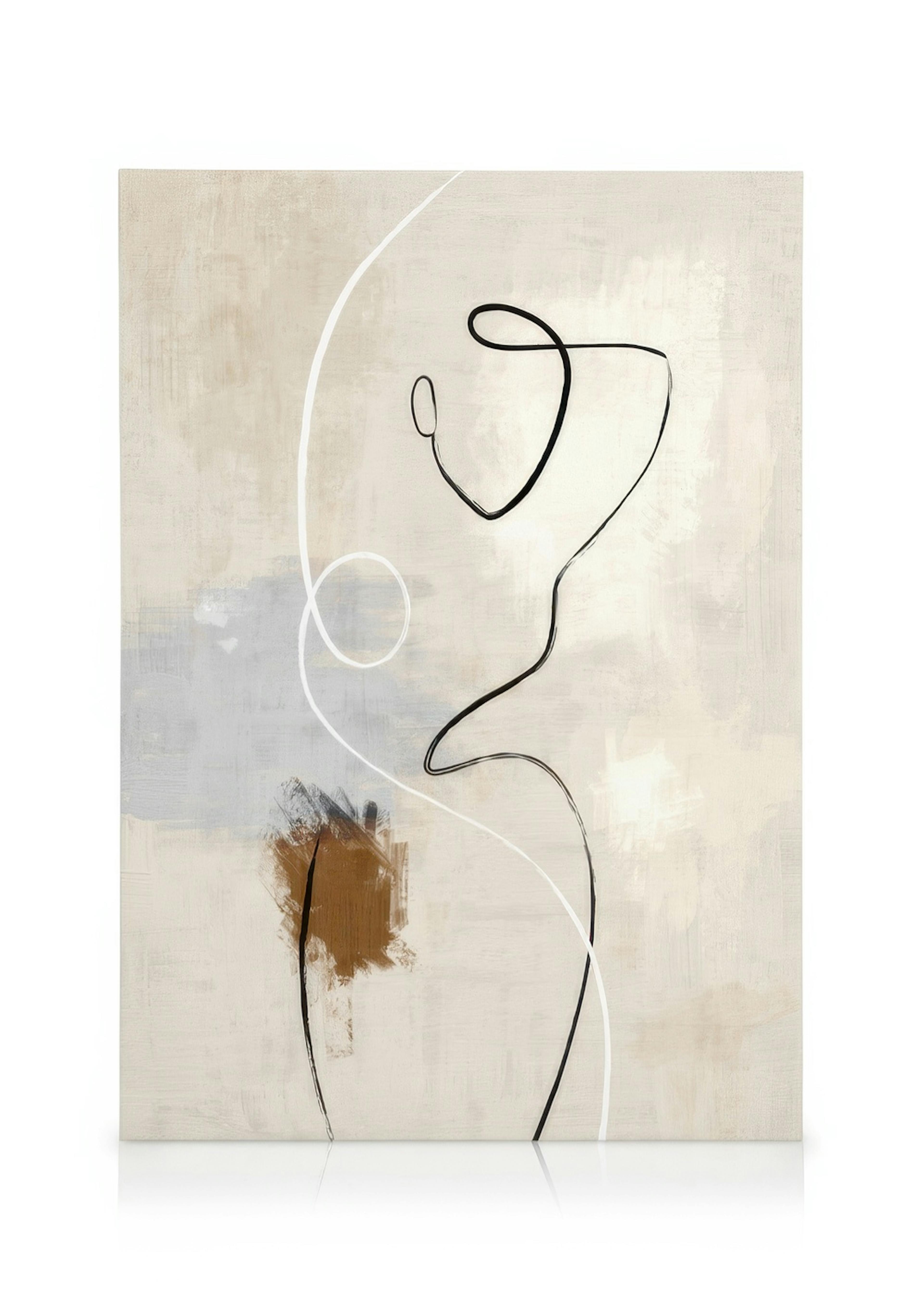 Lienzo abstracto con fondo beige, trazos azules y marrones, y perfil facial abstracto de línea negra.