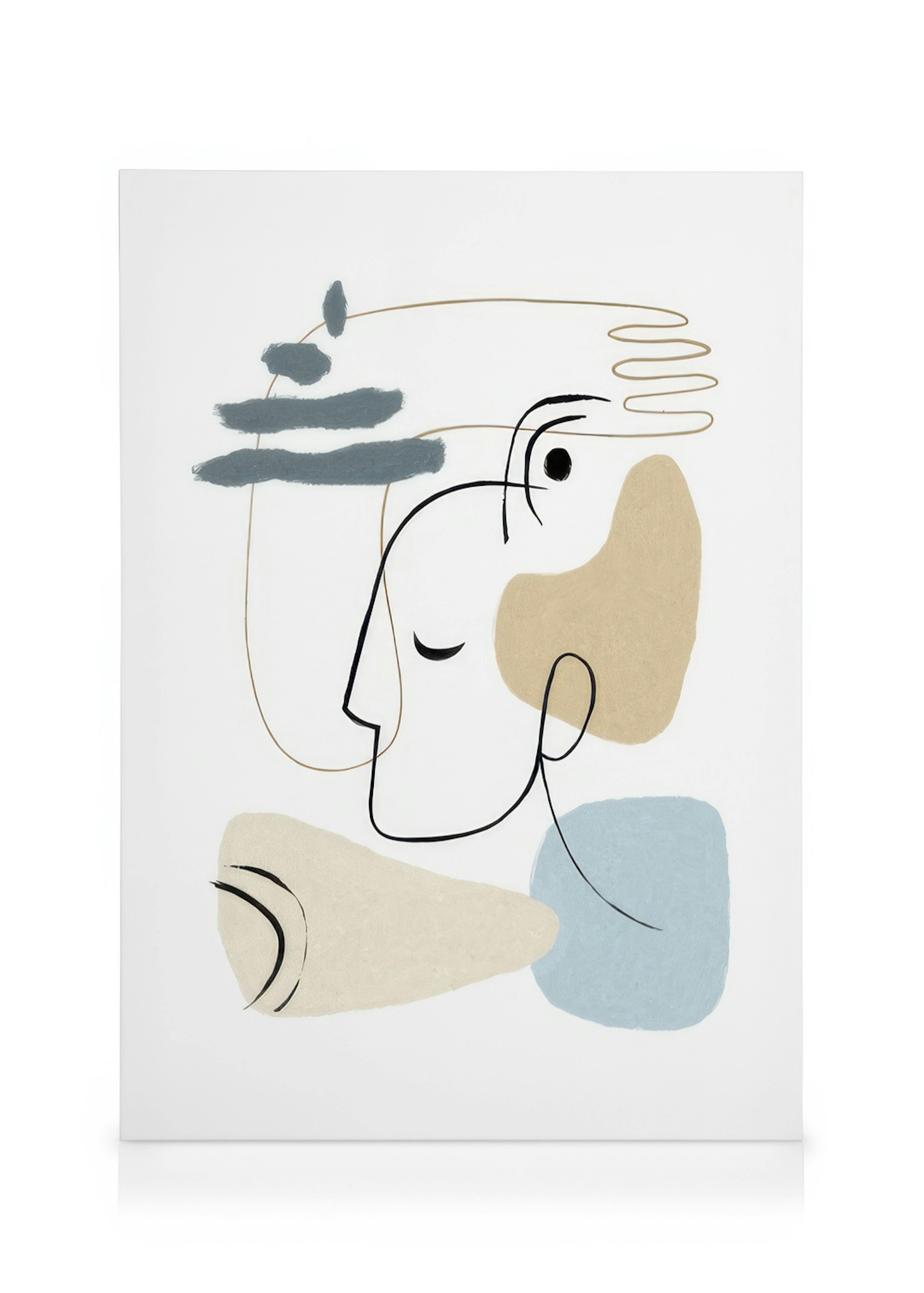 Stampa su tela con volto line art, forme beige e blu, pennellate grigie e linee nere su sfondo bianco.