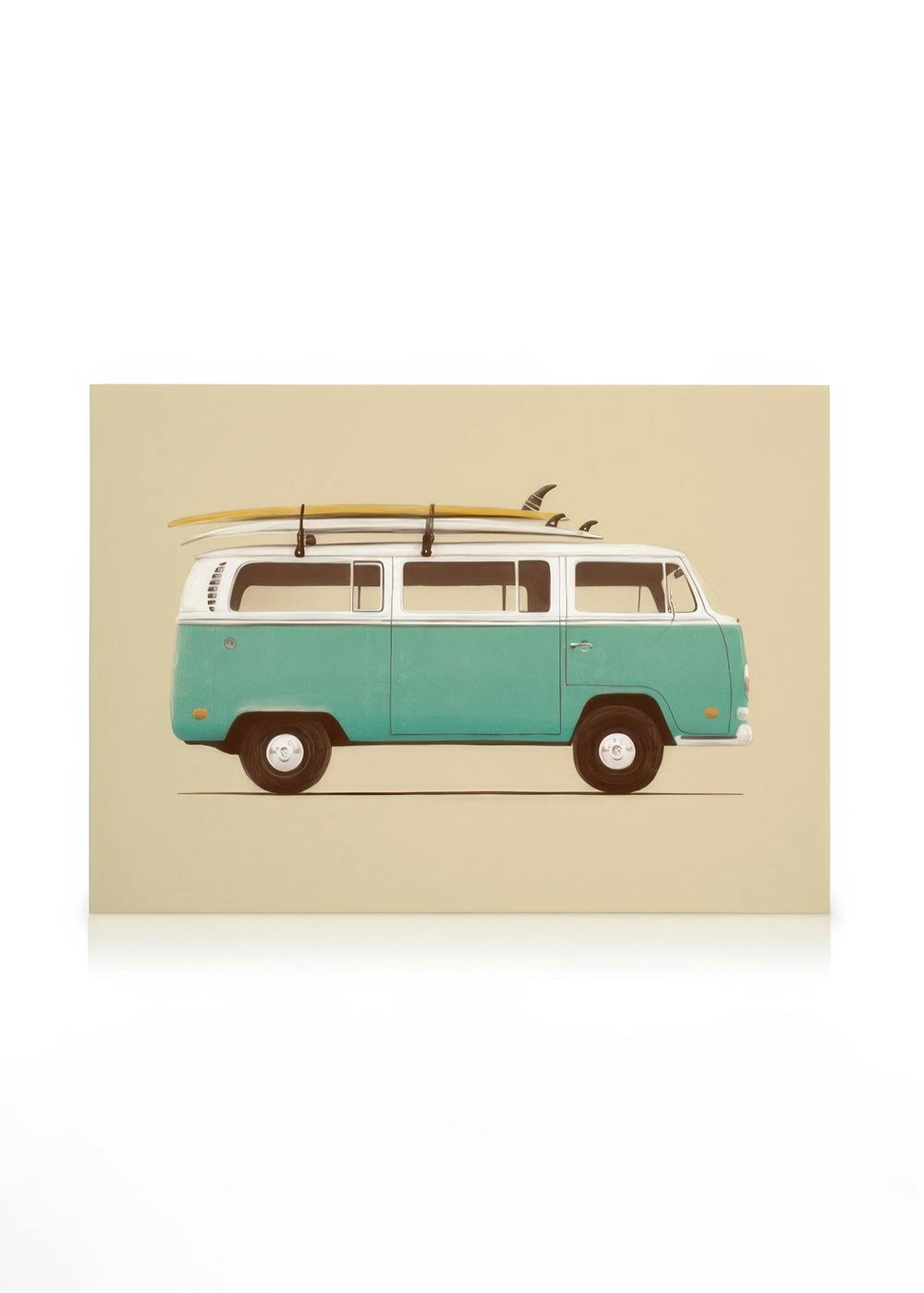 Tela de van vintage azul-esverdeada e branca com prancha de surf no topo sobre fundo bege, estilo retrô.