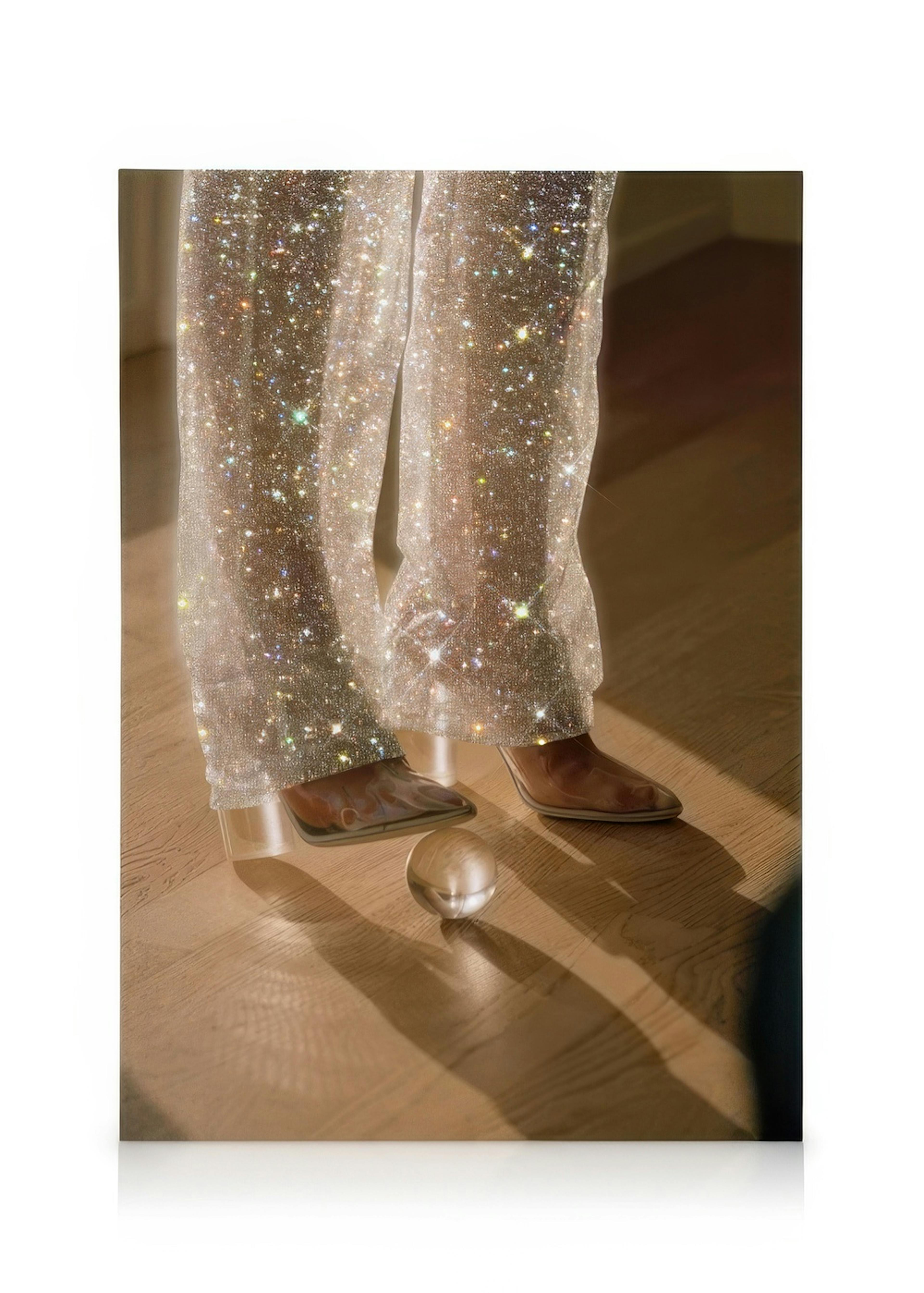 Canvas print of legs in shiny, glittery pants and brown shoes on a light floor with shadows and a crystal ball.