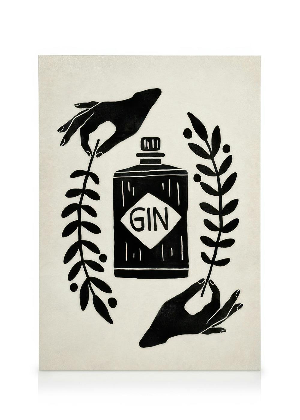 Stampa su tela Let the Fun Be Gin con mani nere che incorniciano bottiglia di gin e rami su sfondo beige.