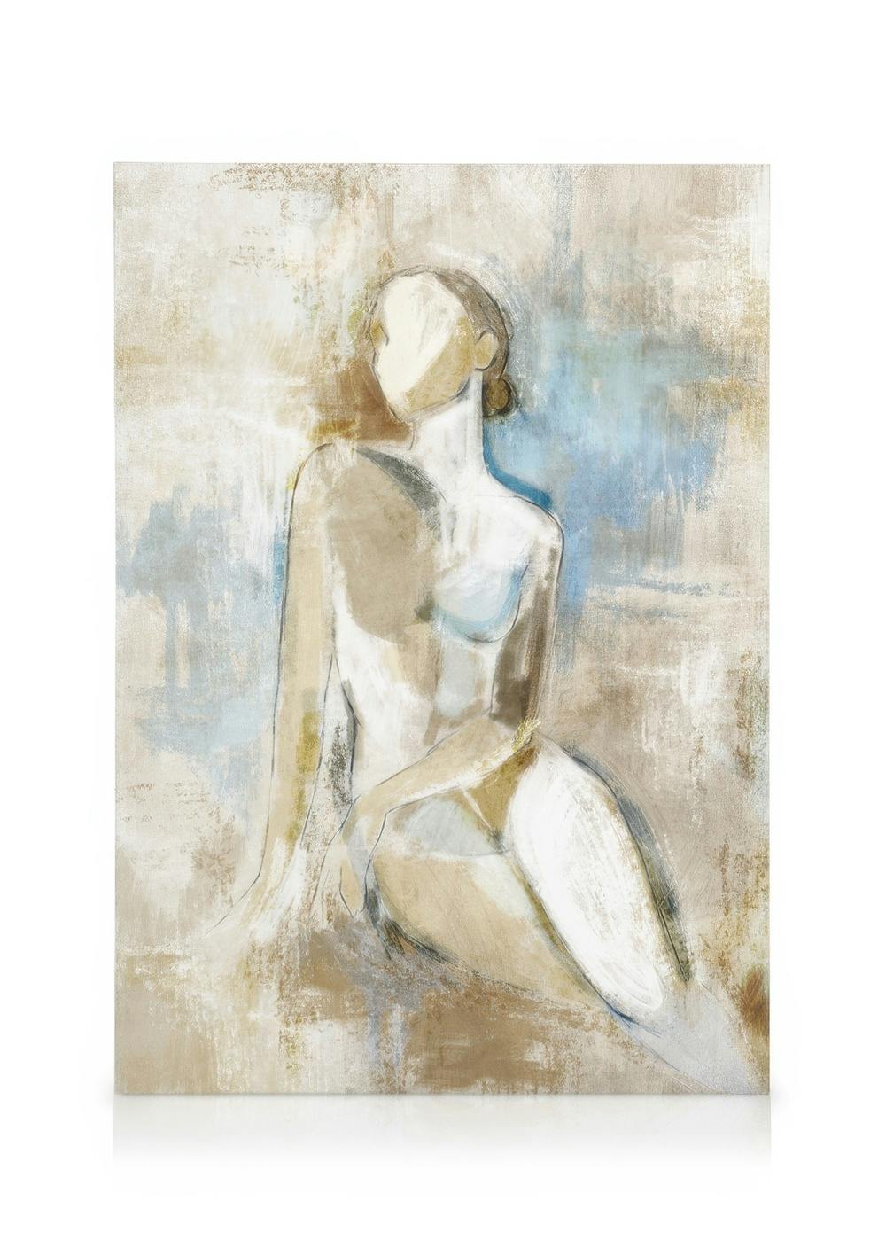 Stampa su tela astratta di figura femminile seduta, pennellate testurizzate blu, marrone e bianco.