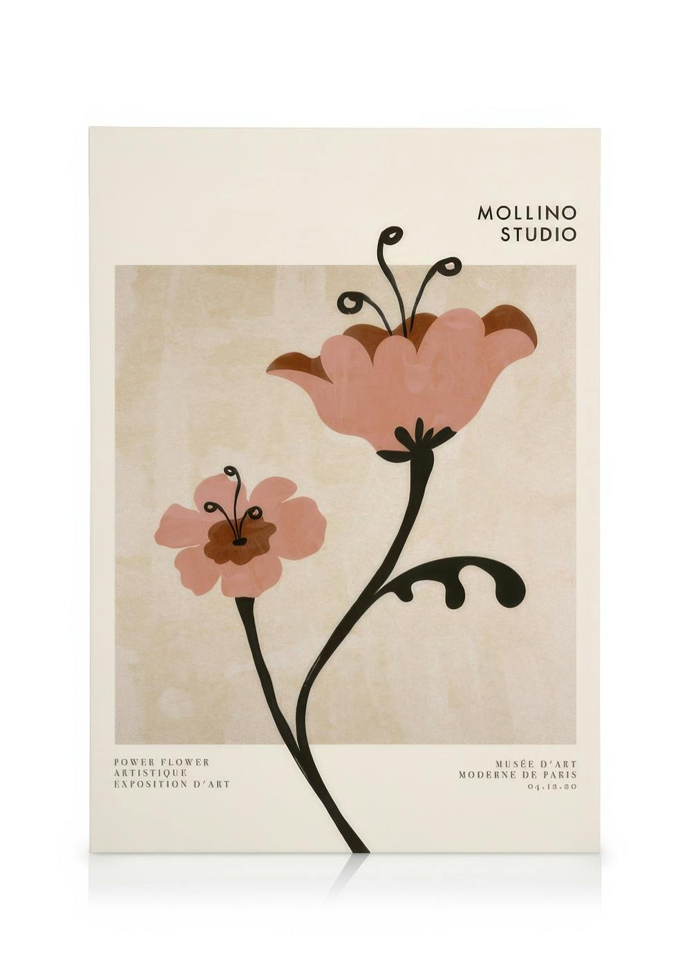 Stampa su tela con due fiori rosa stilizzati su sfondo beige testurizzato, design floreale moderno.