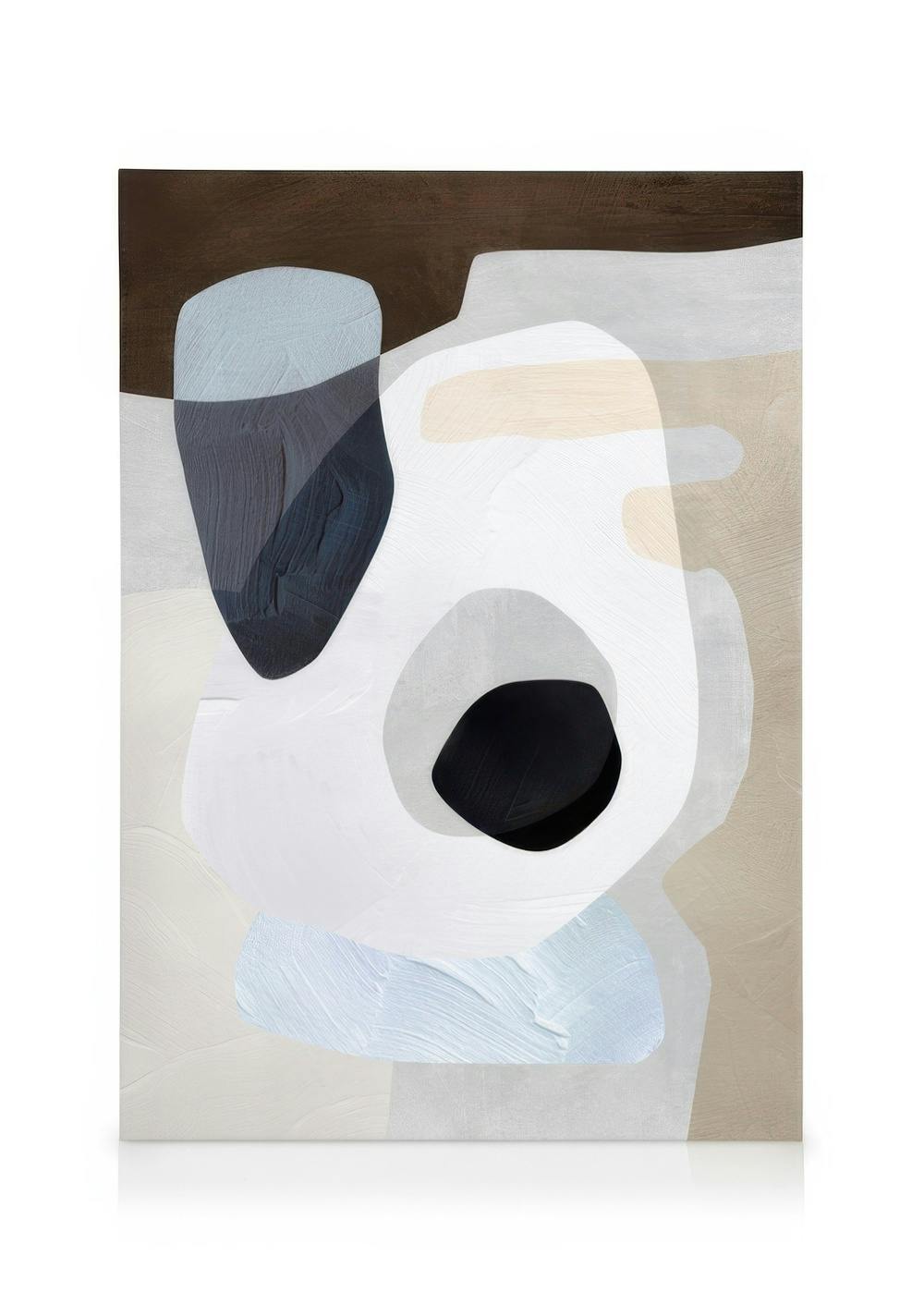 Αφηρημένος καμβάς με οργανικά σχήματα σε καφέ, γαλάζιο, μπεζ και λευκούς τόνους.