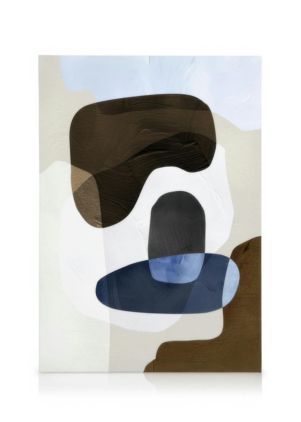 Abstract graphic canvas print with overlapping organic shapes in muted brown, white, blue, and black tones.