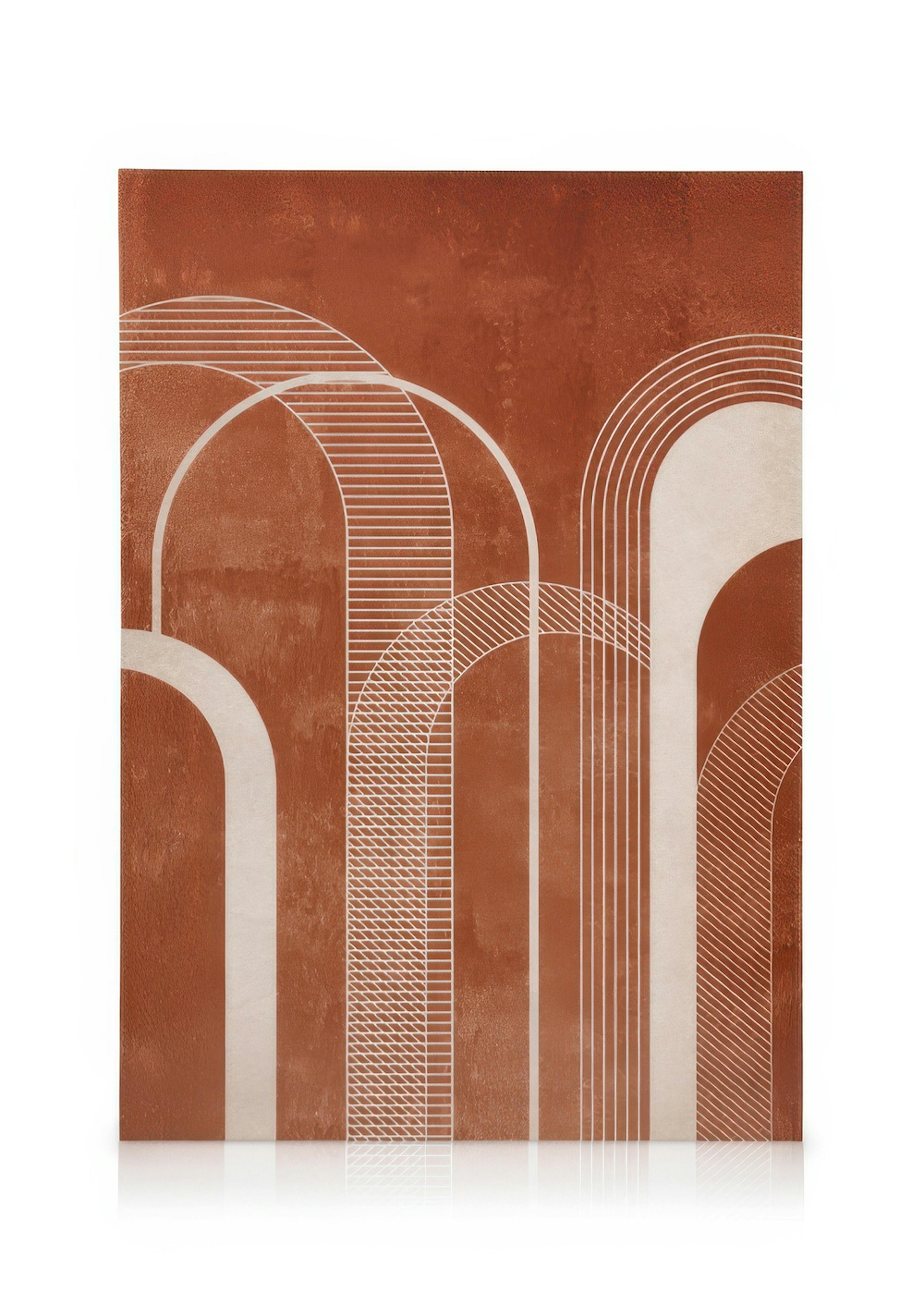 Abstract Arches Canvas print, featuring warm orange and white patterned arches on a rich brown background, statement wall art.