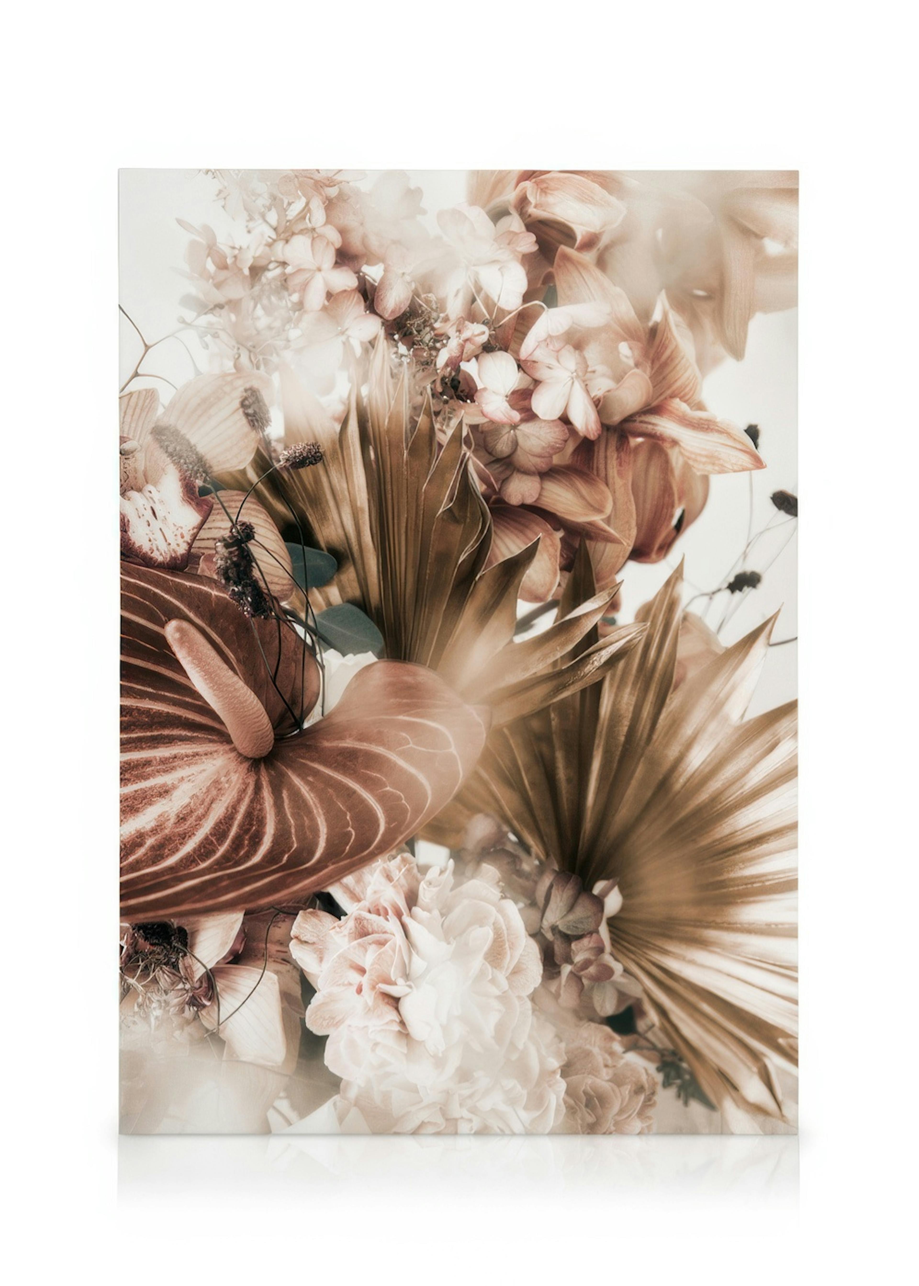 Autumnal bouquet canvas in warm sepia tones, featuring anthurium, peonies, and dried palm leaves.