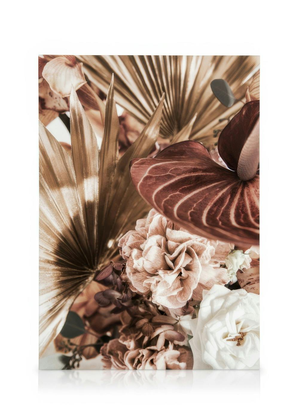 Canvas met herfstboeket van bloemen en bladeren in bruin, roze, wit en goudtinten