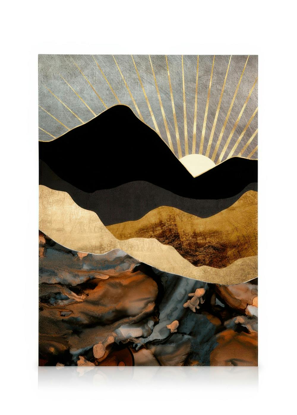 Abstract copper and gold mountain landscape with a rising sun and textured, fluid foreground elements.