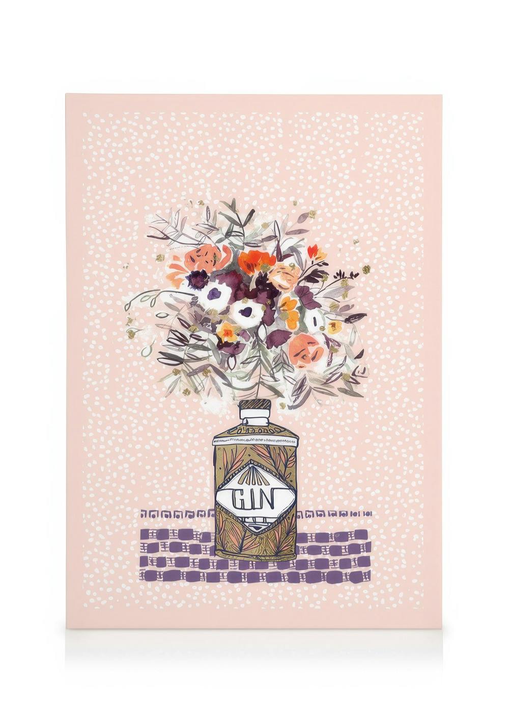 Obraz na płótnie: kolorowy bukiet kwiatów w butelce po ginie z różowym tłem w kropki, dodający kwiatowy urok.